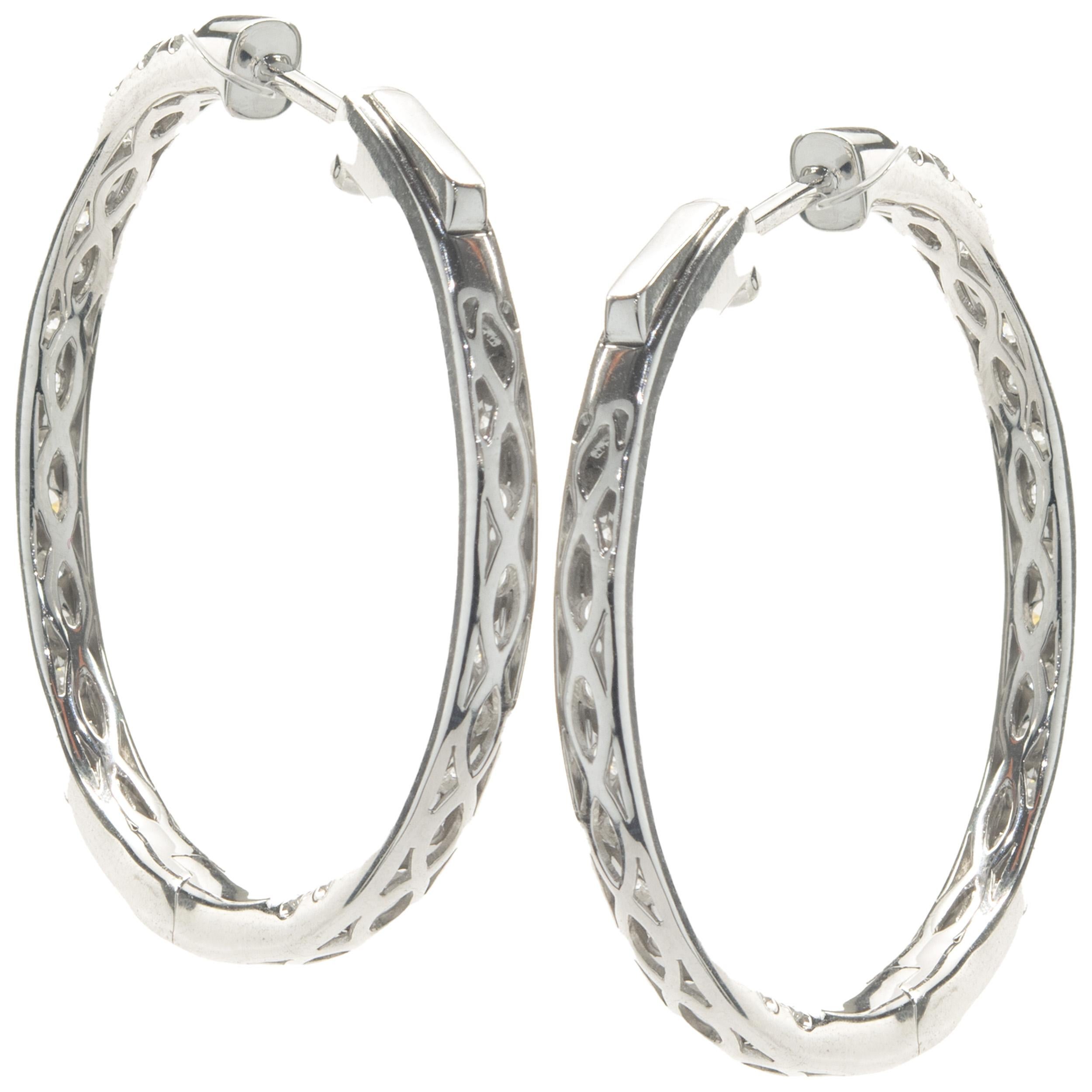 Round Cut 18 Karat White Gold Diamond Inside Outside Hoop Earrings For Sale