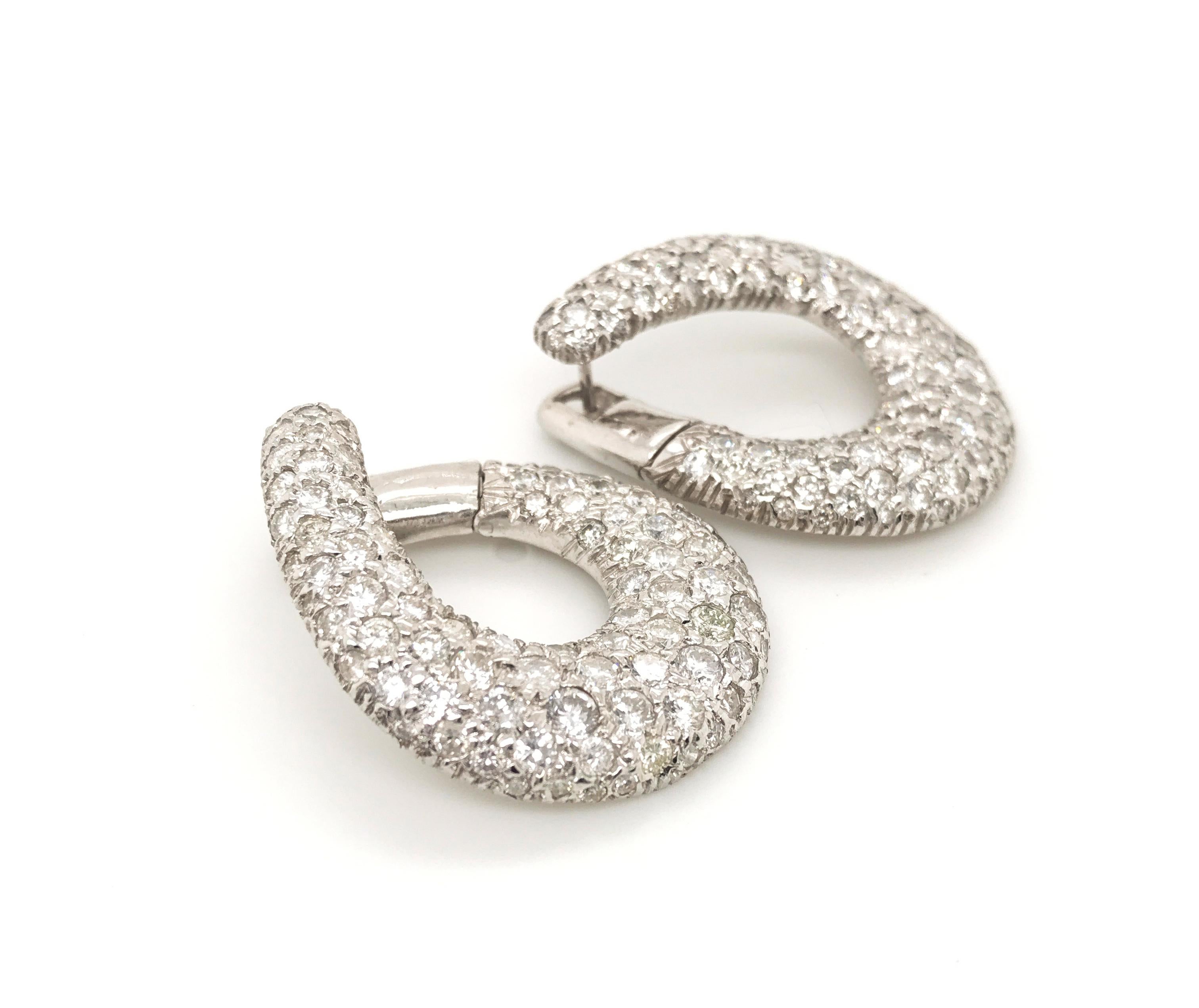 Contemporary 18 Karat White Gold and Diamond Italian Hoop Earrings