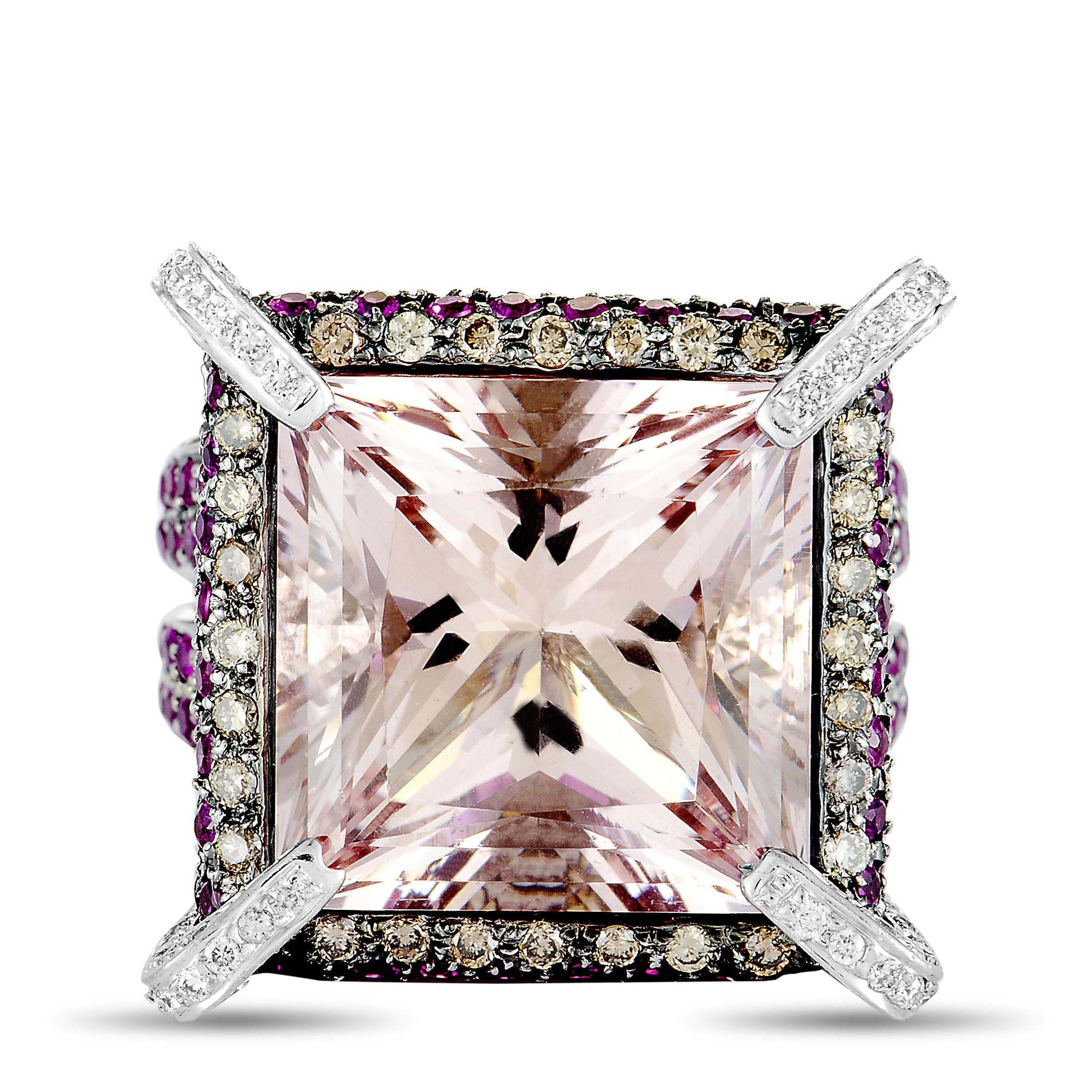 Women's 18 Karat White Gold Diamond, Kunzite and Ruby Square Ring