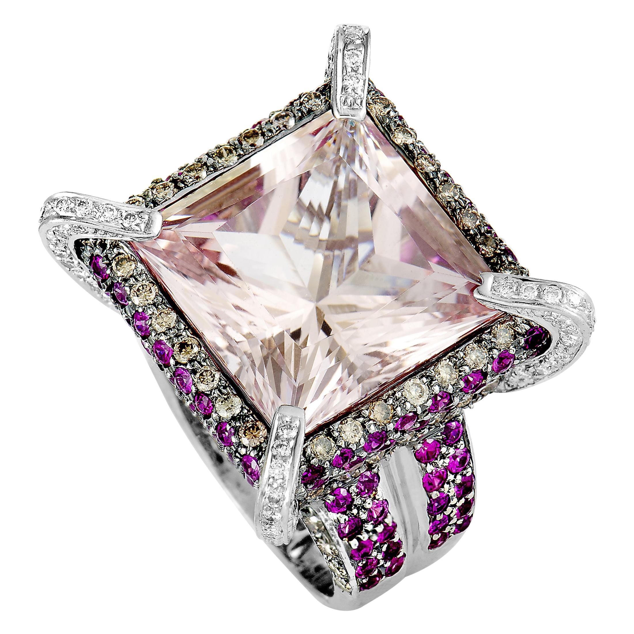 18 Karat White Gold Diamond, Kunzite and Ruby Square Ring