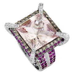 18 Karat White Gold Diamond, Kunzite and Ruby Square Ring