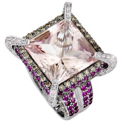 18 Karat White Gold Diamond, Kunzite and Ruby Square Ring