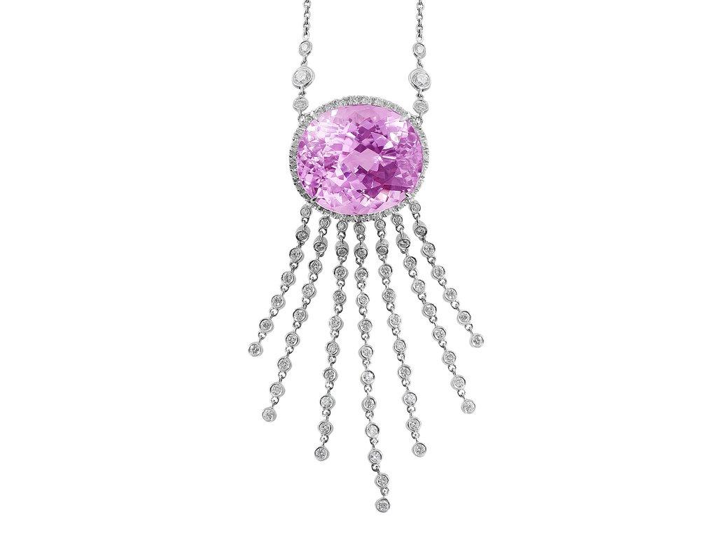 Stunning 18k white gold necklace set with a center kunzite and diamonds.