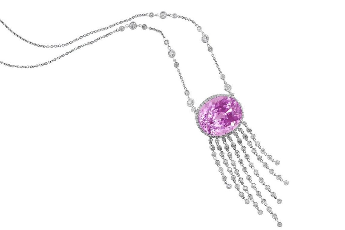 Round Cut 18 Karat White Gold Diamond Kunzite Necklace