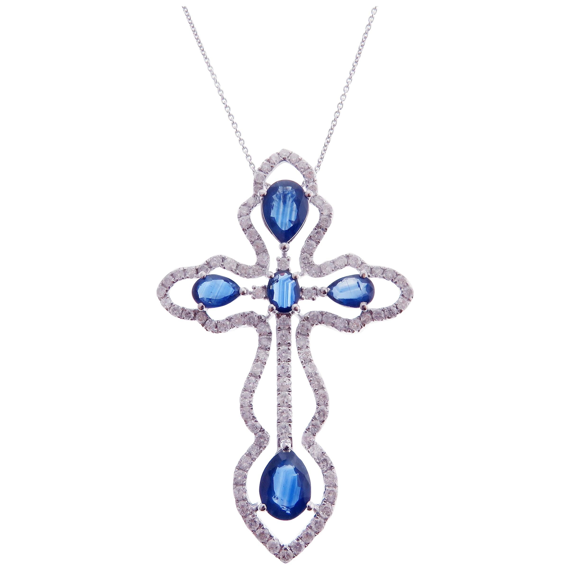18 Karat White Gold Diamond Large Blue Sapphire Cross Motif Necklace