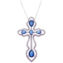 18 Karat White Gold Diamond Large Blue Sapphire Cross Motif Necklace