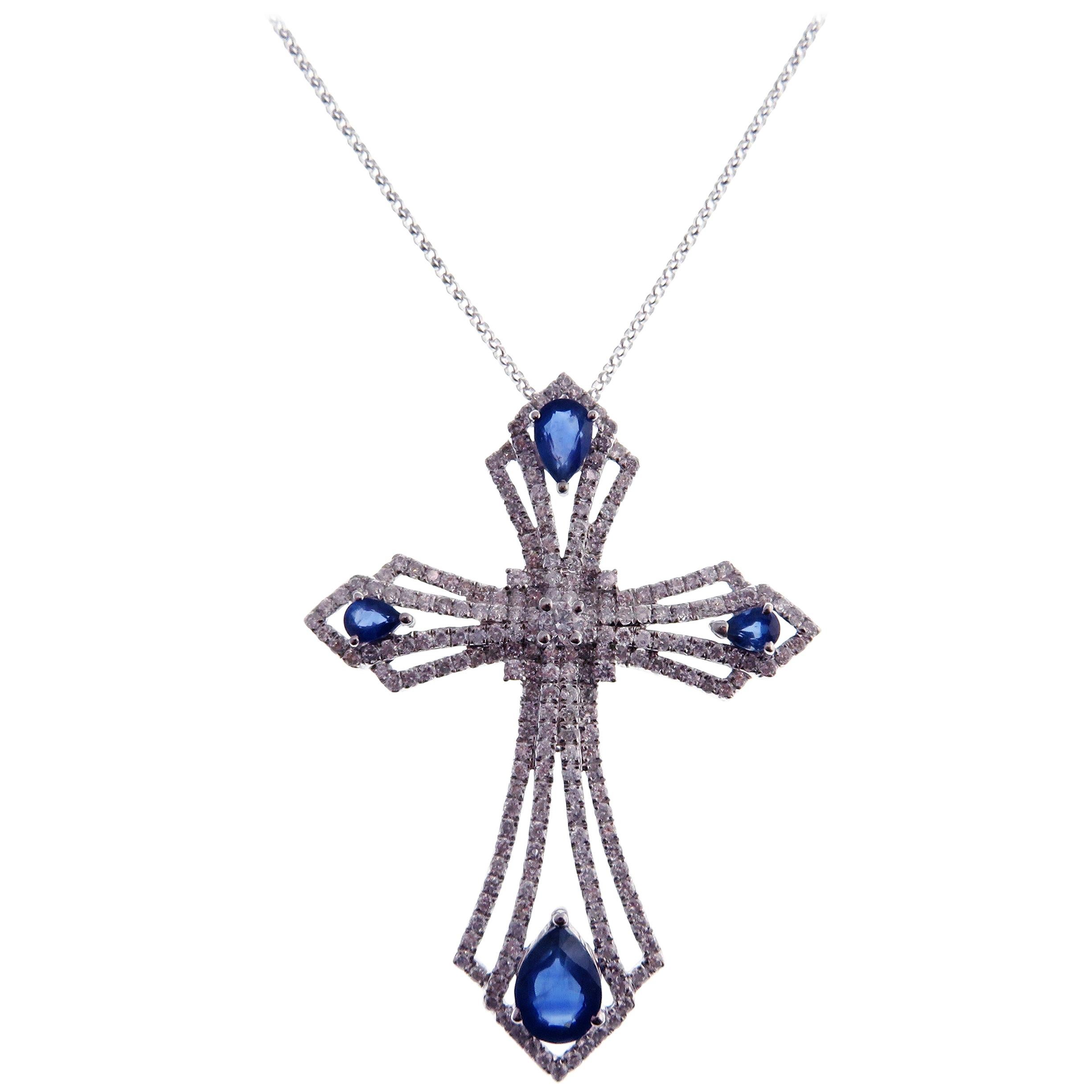 18 Karat White Gold Diamond Large Blue Sapphire Cross Motif Necklace