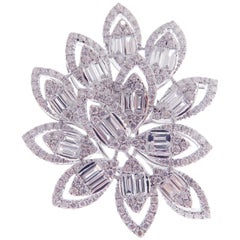 18 Karat White Gold Diamond Large Flower Leaf Motif Baguette Fancy Earring