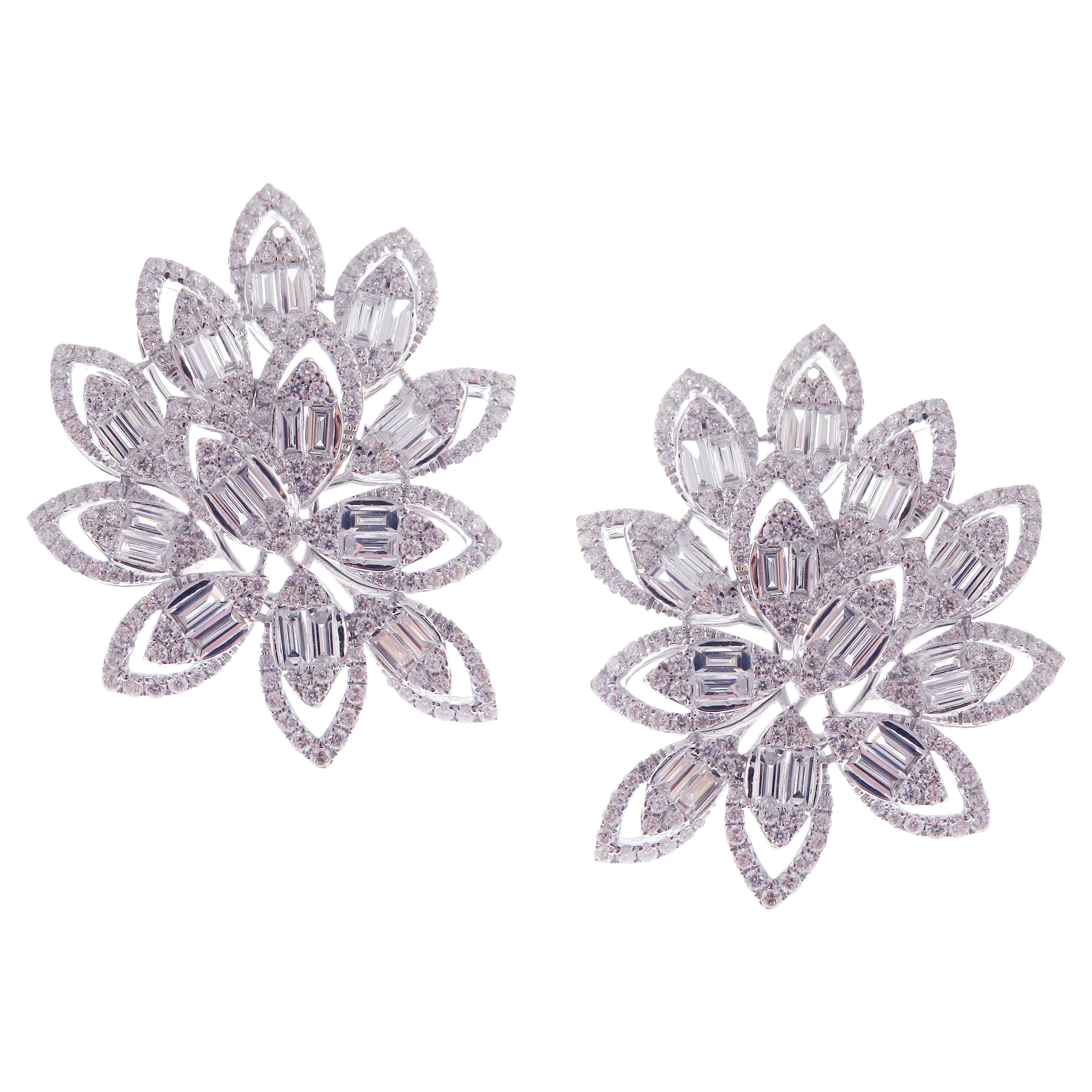 18 Karat White Gold Diamond Large Flower Leaf Motif Baguette Fancy Earring For Sale