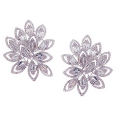 18 Karat White Gold Diamond Large Flower Leaf Motif Baguette Fancy Earring