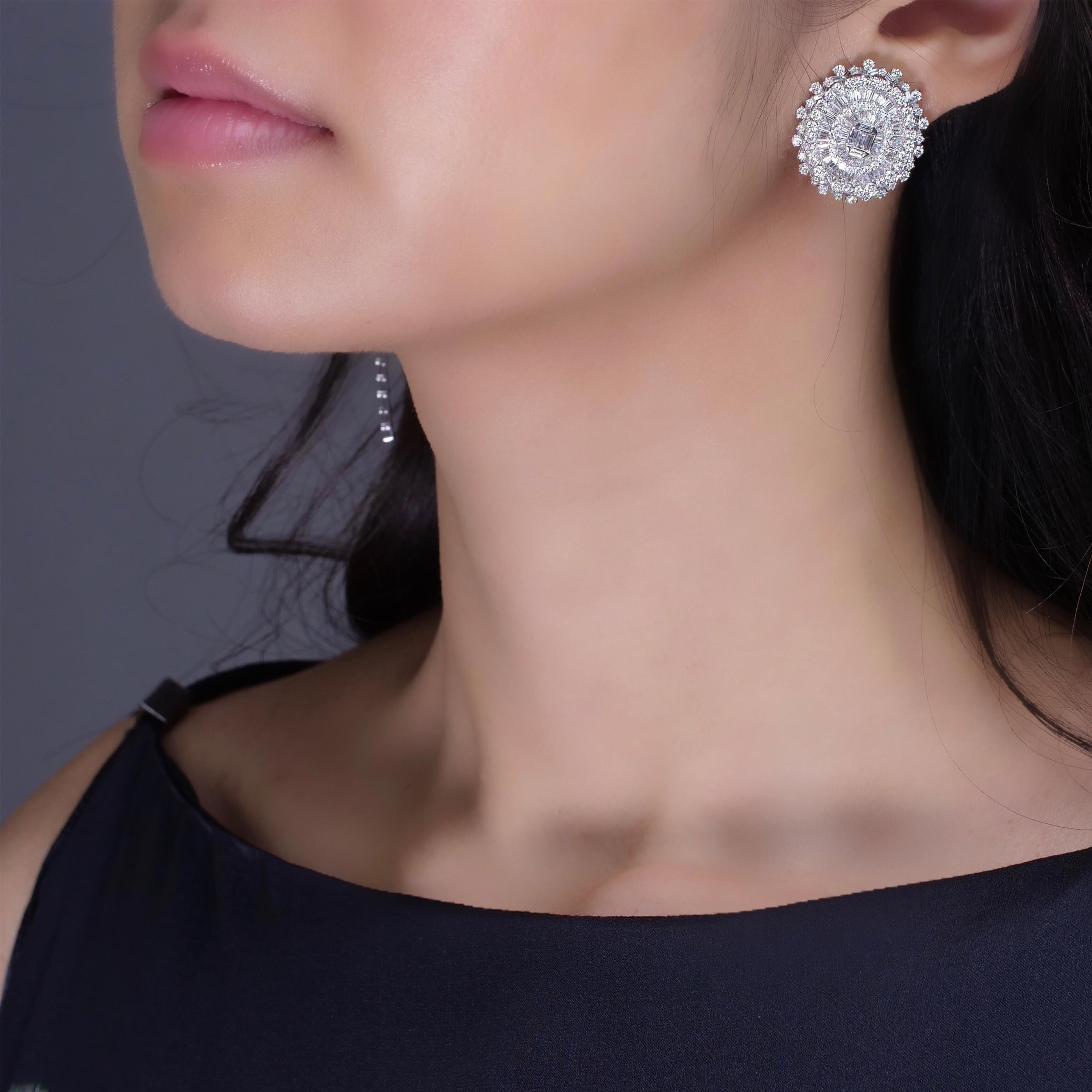 Baguette Cut 18 Karat White Gold Diamond Large Oval Baguette Accent Stud Earring For Sale