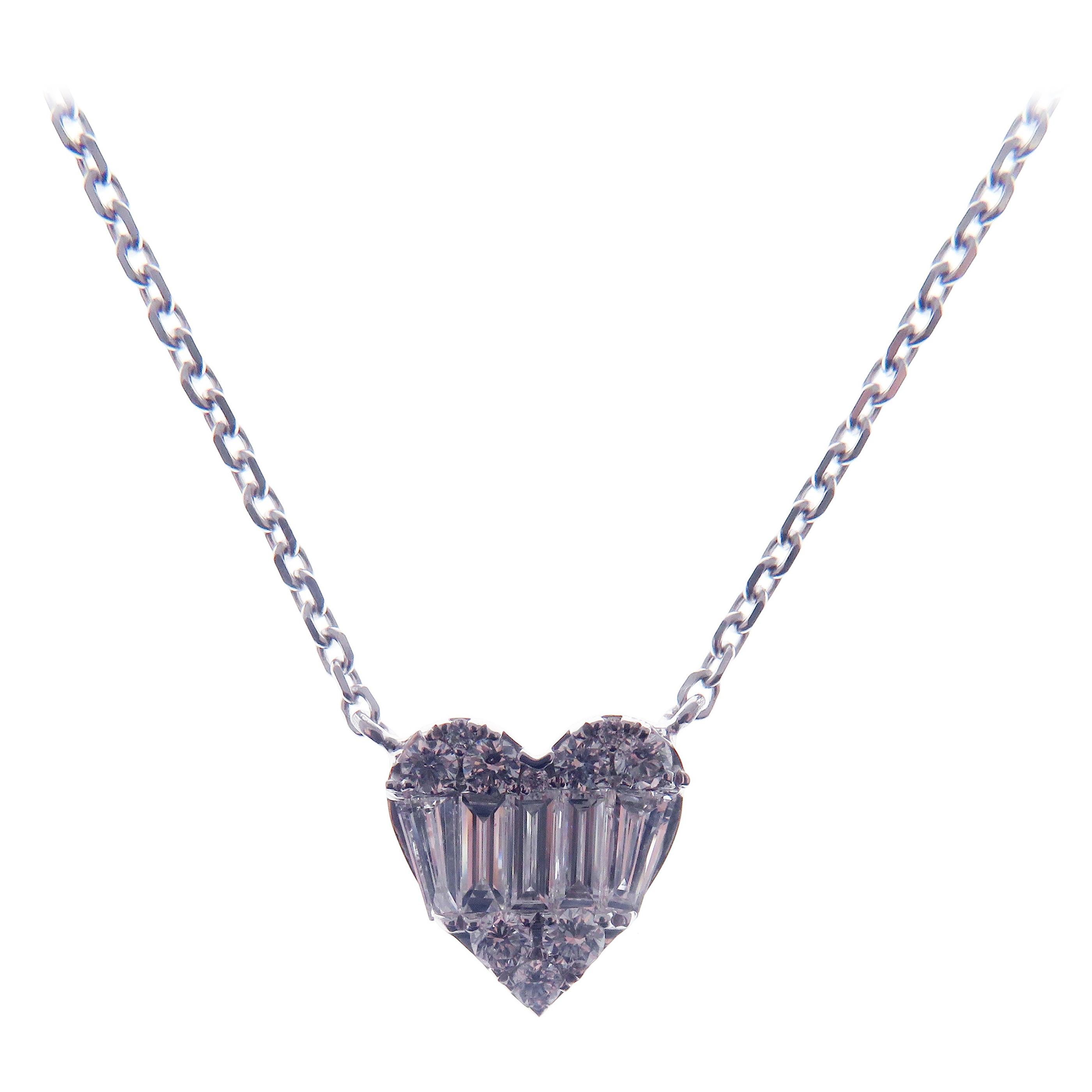 18 Karat White Gold Diamond Large Sweet Heart Baguette Necklace