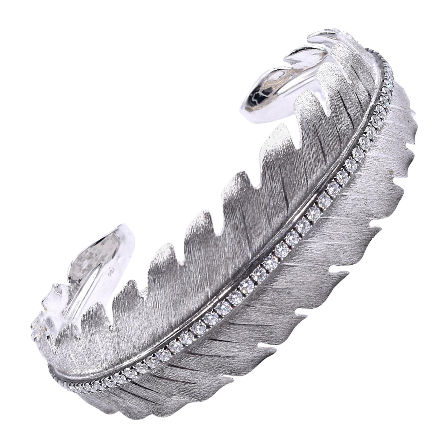 18 Karat White Gold Diamond Leaf Bangle Bracelet