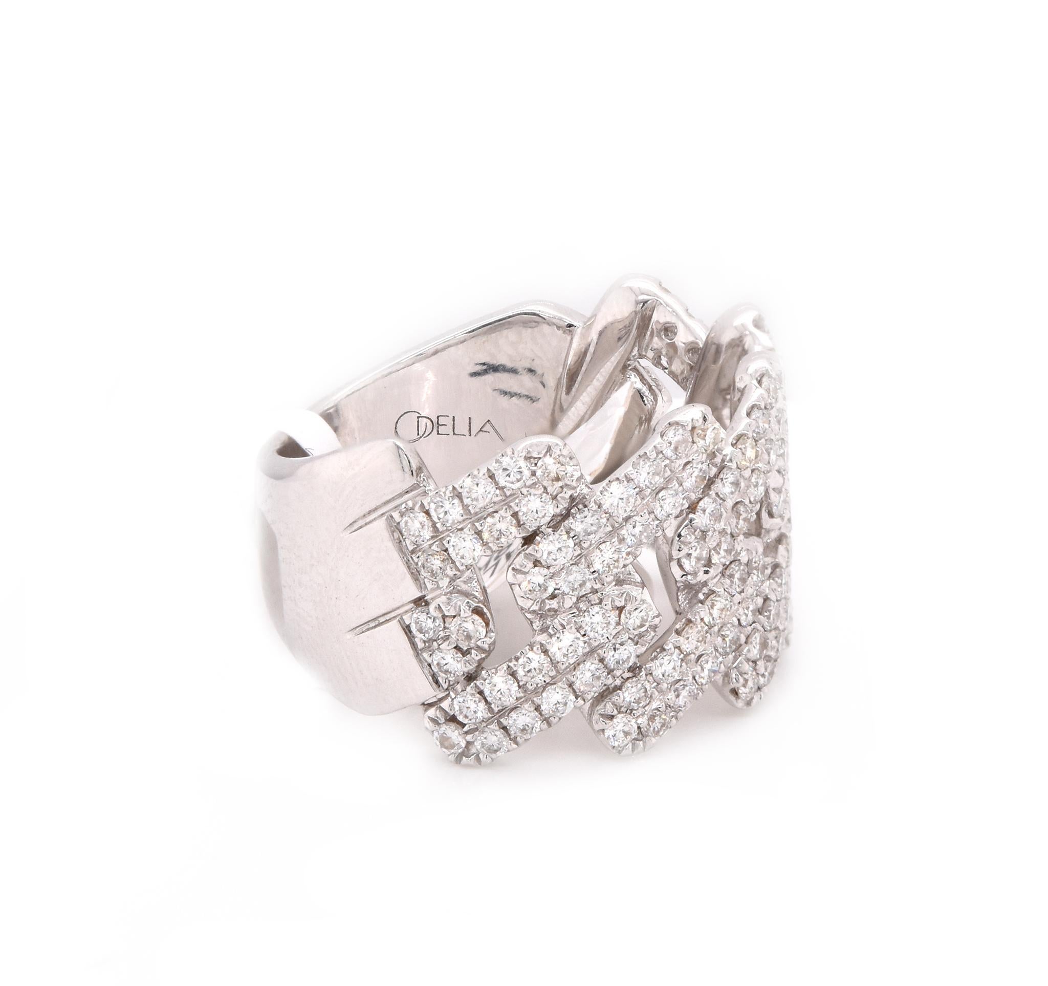 Material: 18K white gold 
Diamonds: 120 round cut = 1.05cttw
Color: G
Clarity: VS
Ring Size: 6 (Please allow up to two additional business days for sizing requests)
Dimensions: ring measures 13mm wide
Weight: 9.62 grams
