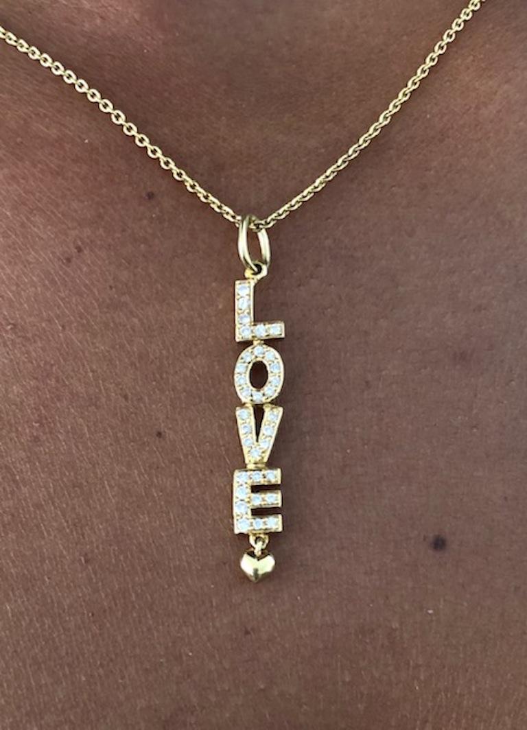 Round Cut 18 Karat White Gold Diamond LOVE Pendant Necklace For Sale