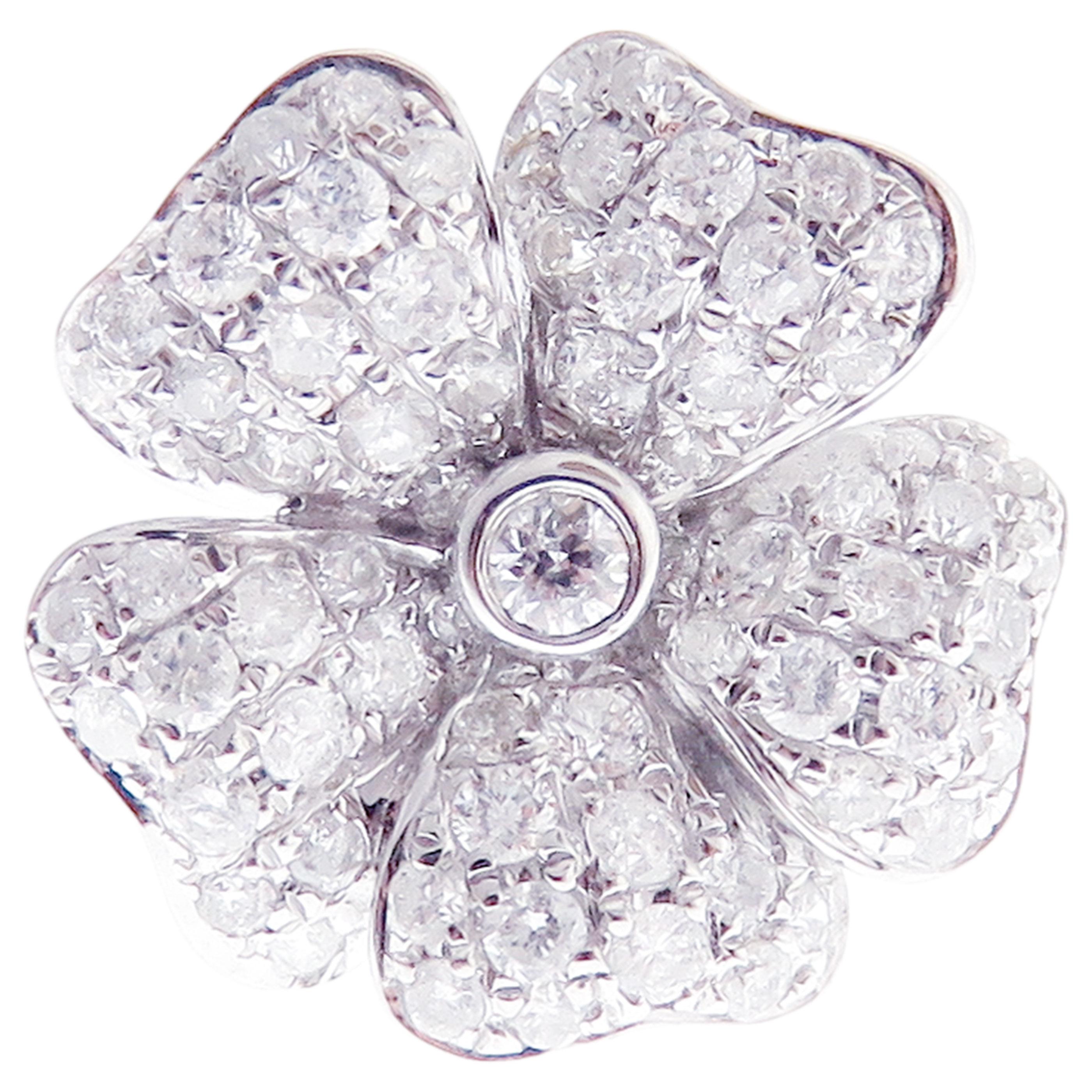 Round Cut 18 Karat White Gold Diamond Medium Classic Pave Flower Earring For Sale