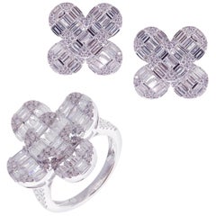 18 Karat White Gold Diamond Medium Clover Solid Baguette Earring Ring Set