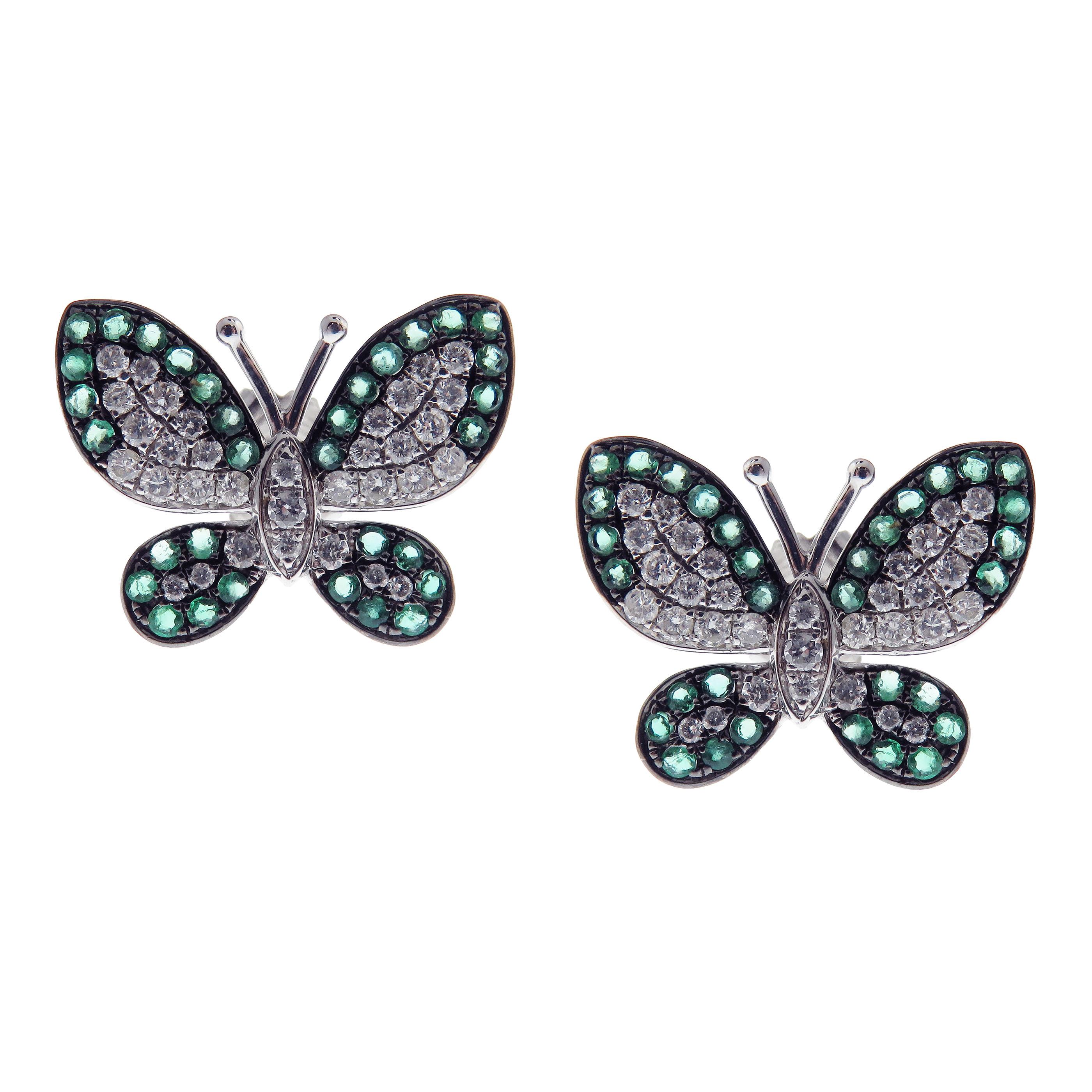 Round Cut 18 Karat White Gold Diamond Medium Emerald Butterfly Earring Ring Set