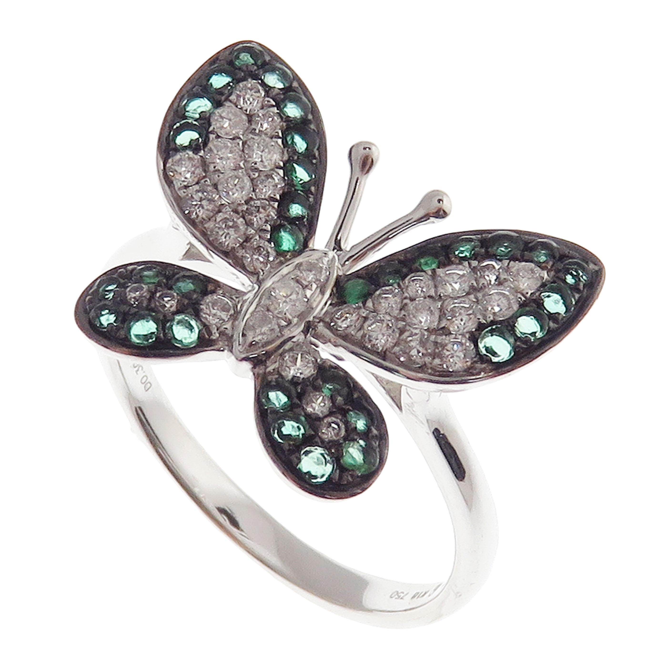 Women's or Men's 18 Karat White Gold Diamond Medium Emerald Butterfly Earring Ring Set