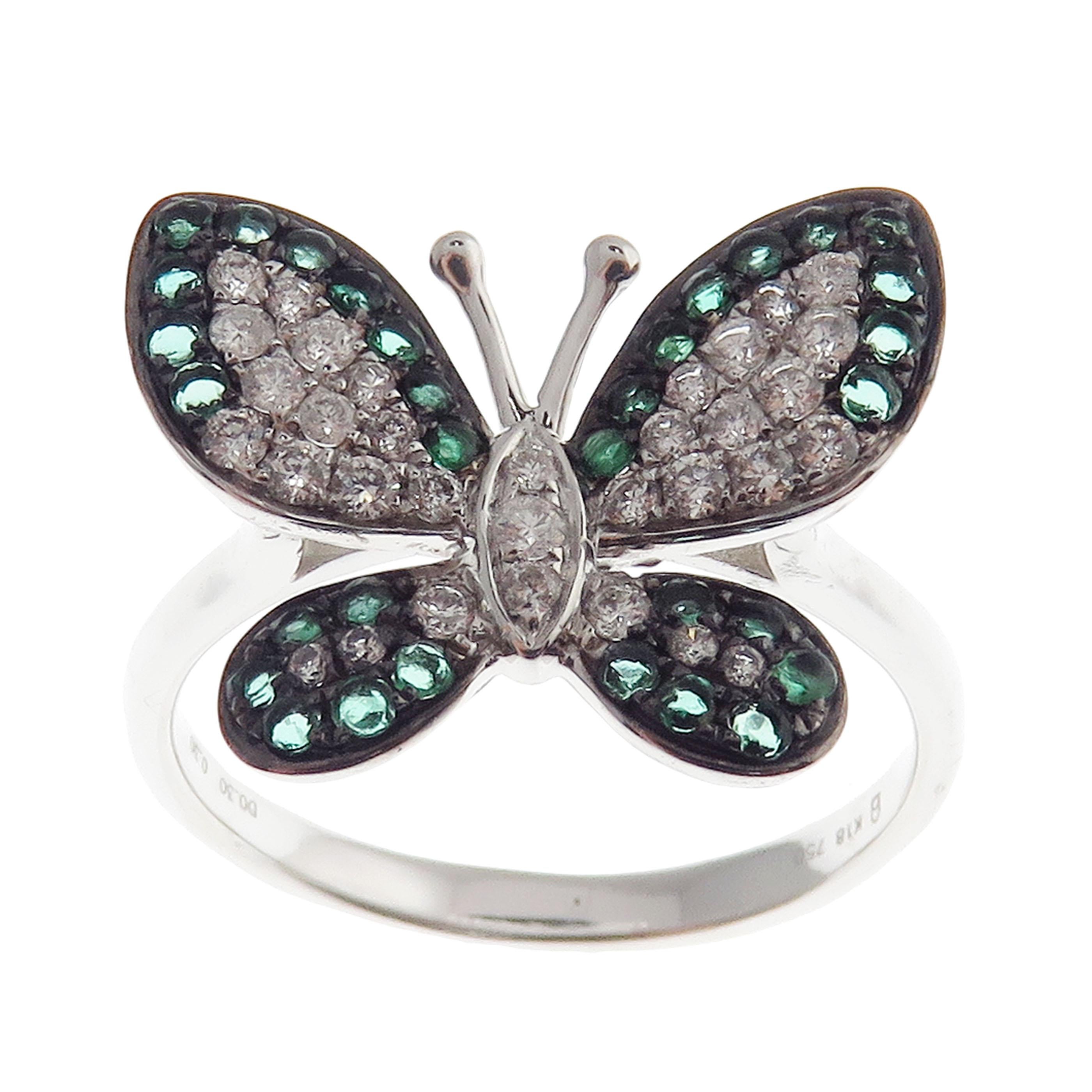 18 Karat White Gold Diamond Medium Emerald Butterfly Earring Ring Set 1