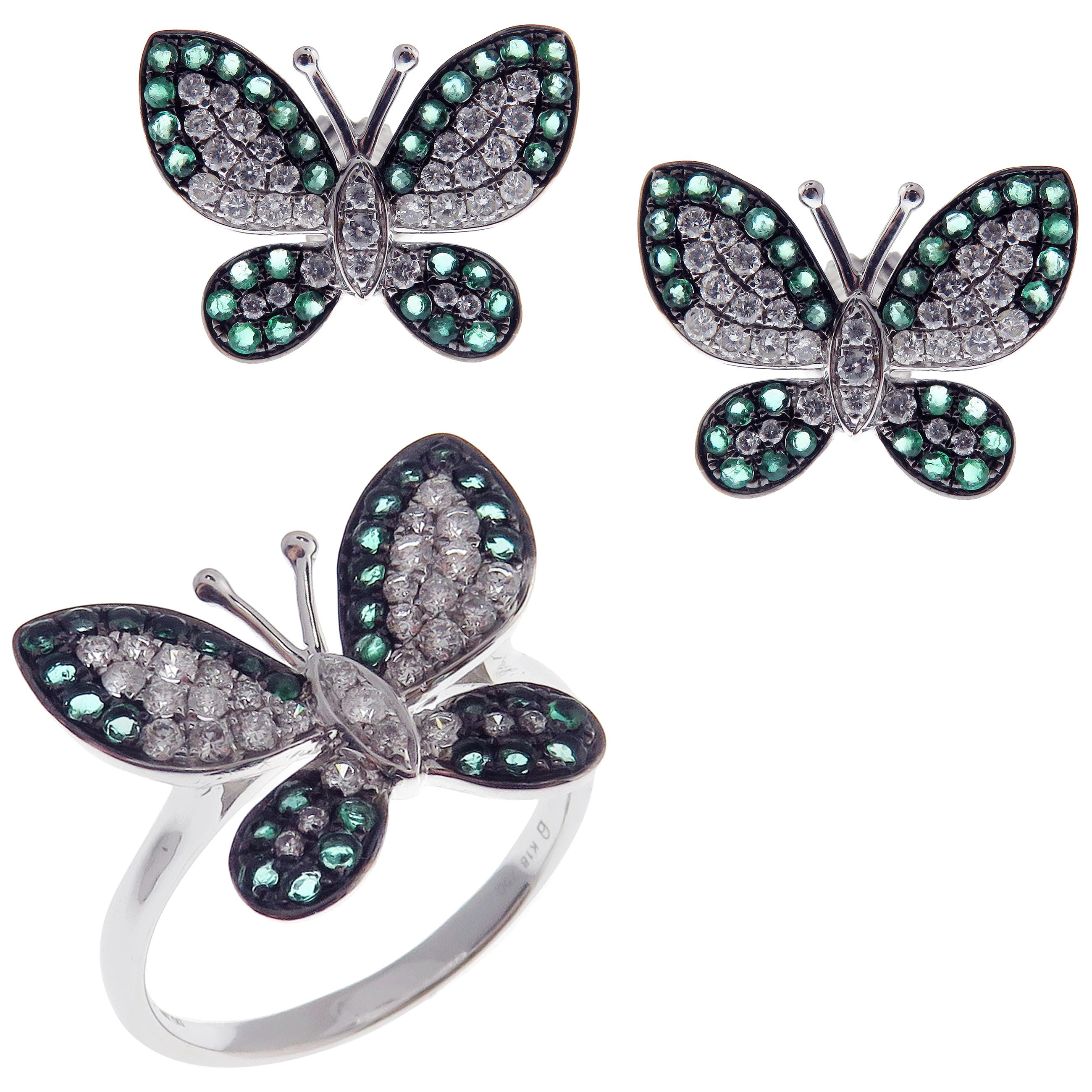 18 Karat White Gold Diamond Medium Emerald Butterfly Earring Ring Set
