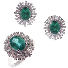 18 Karat White Gold Diamond Medium Emerald Flower Baguette Earring Ring Set