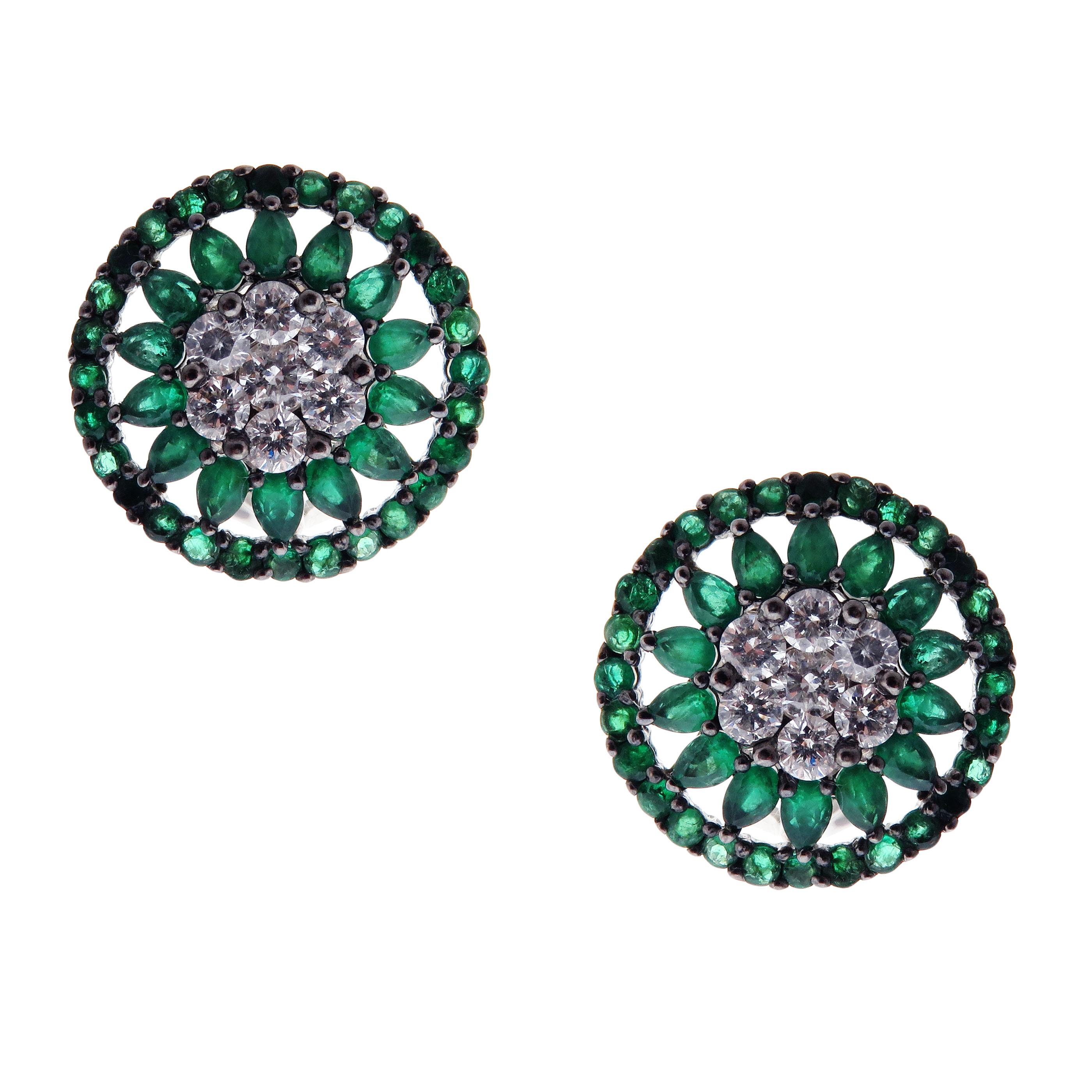 Round Cut 18 Karat White Gold Diamond Medium Emerald Flower Circle Earring Ring Set