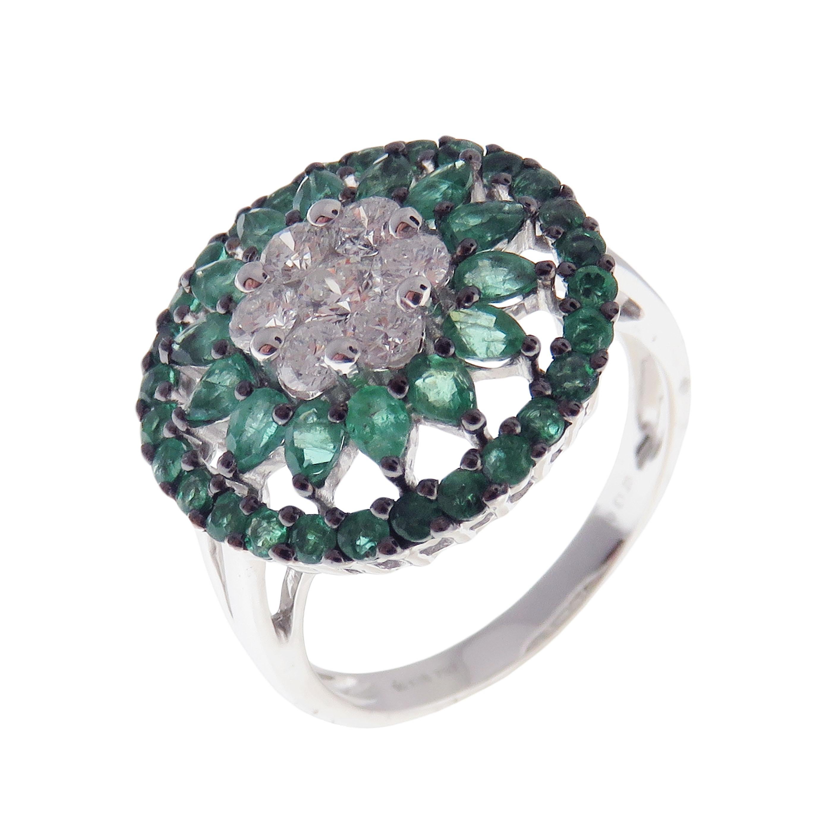 Women's or Men's 18 Karat White Gold Diamond Medium Emerald Flower Circle Earring Ring Set