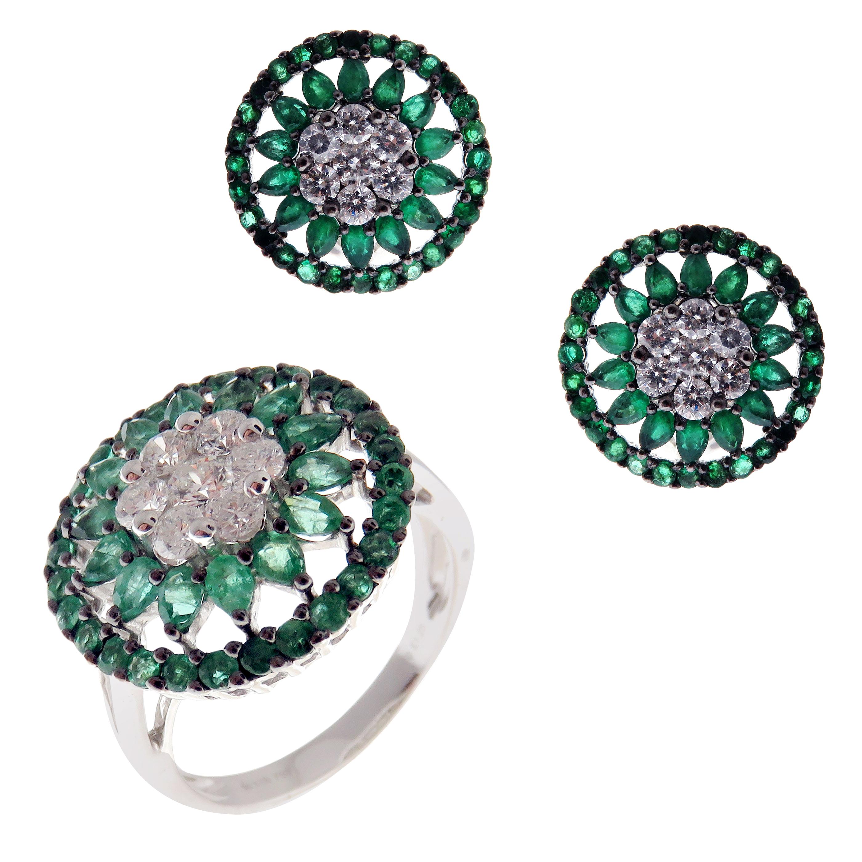 18 Karat White Gold Diamond Medium Emerald Flower Circle Earring Ring Set