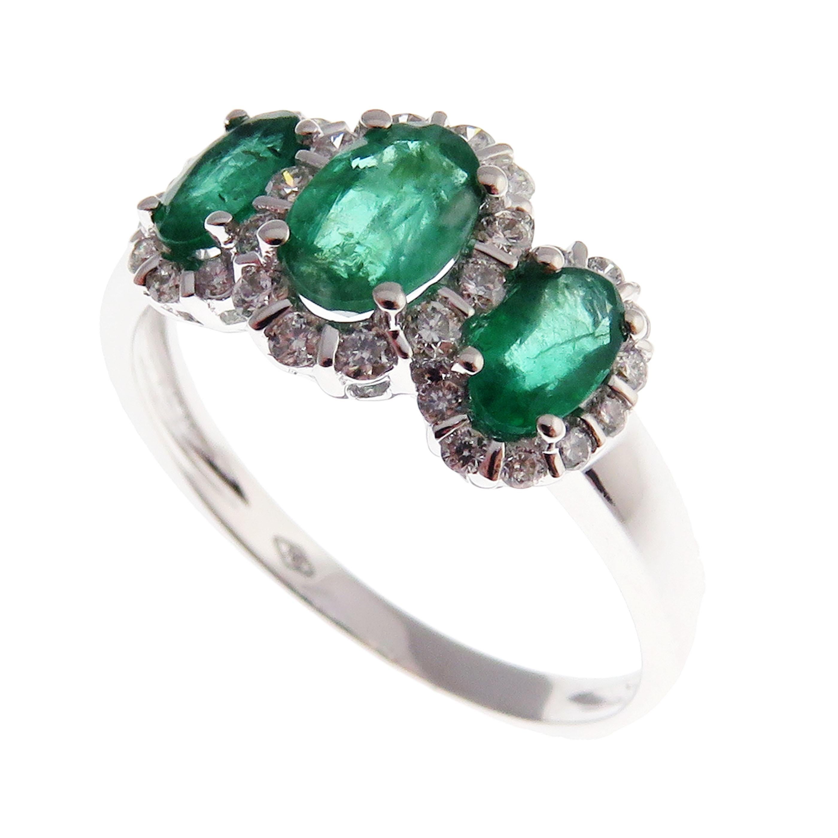 Women's or Men's 18 Karat White Gold Diamond Medium Emerald Oval Huggy Earring Ring Set