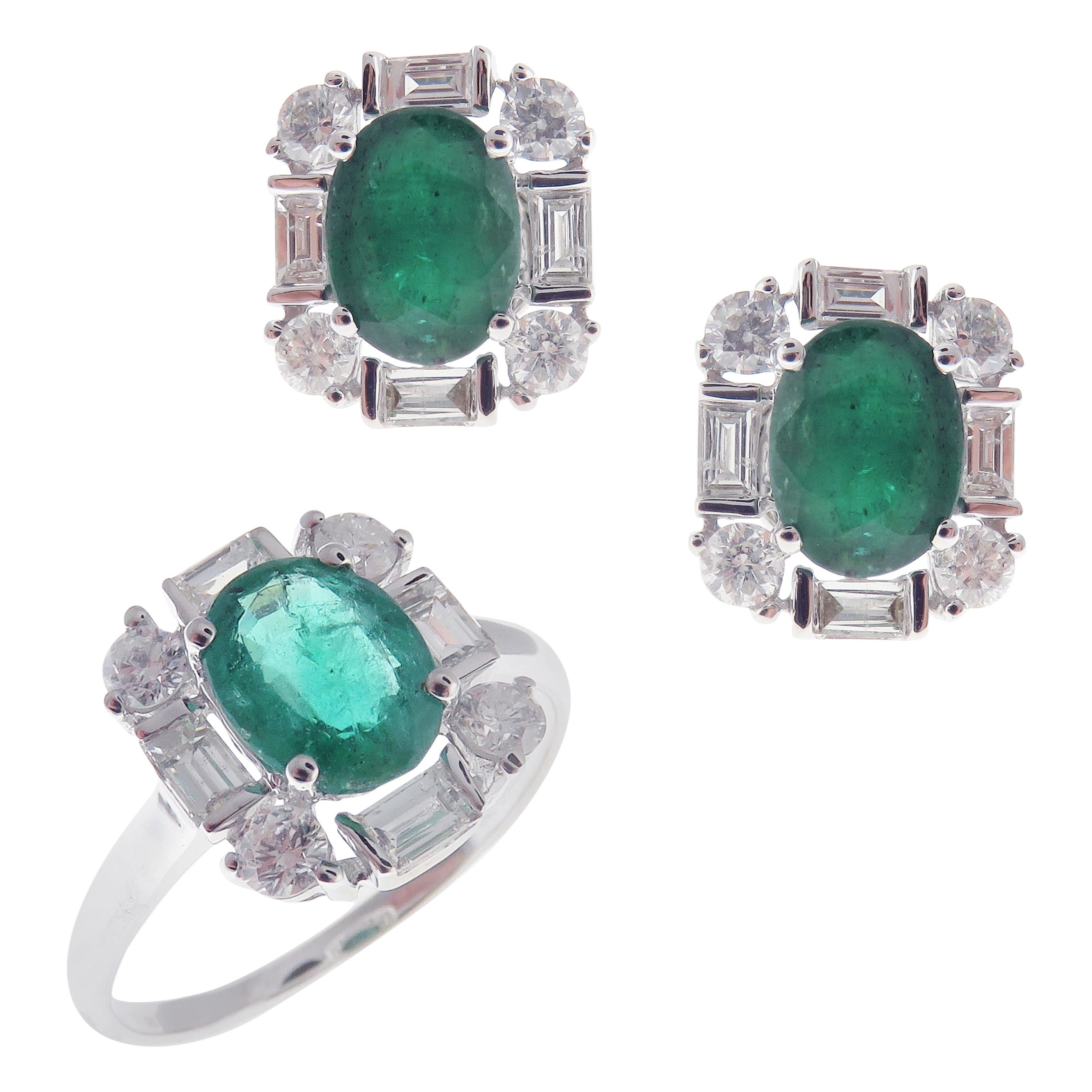 18 Karat White Gold Diamond Medium Emerald Square Earring Ring Set