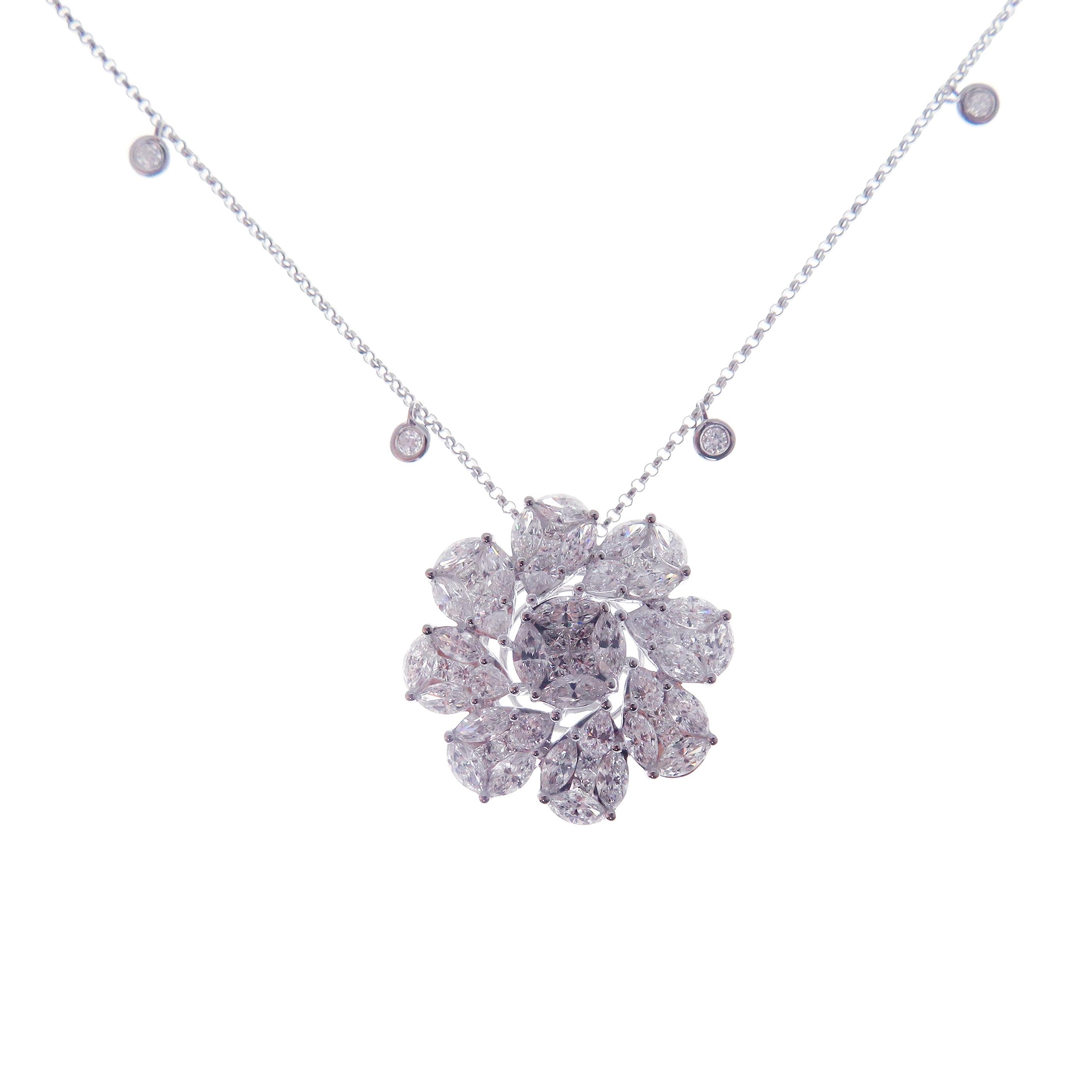 This gorgeous flower diamond DBY necklace is crafted in 18-karat white gold, weighing approximately 3.65 total carats of SI-V Quality white diamonds.

Necklace is 16