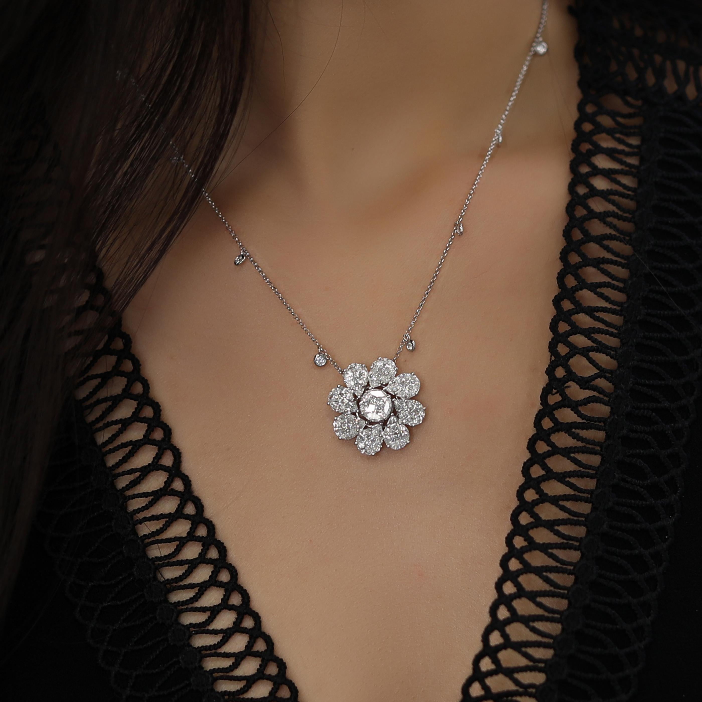 Women's or Men's 18 Karat White Gold Diamond Medium Flower Marquise Princess Necklace