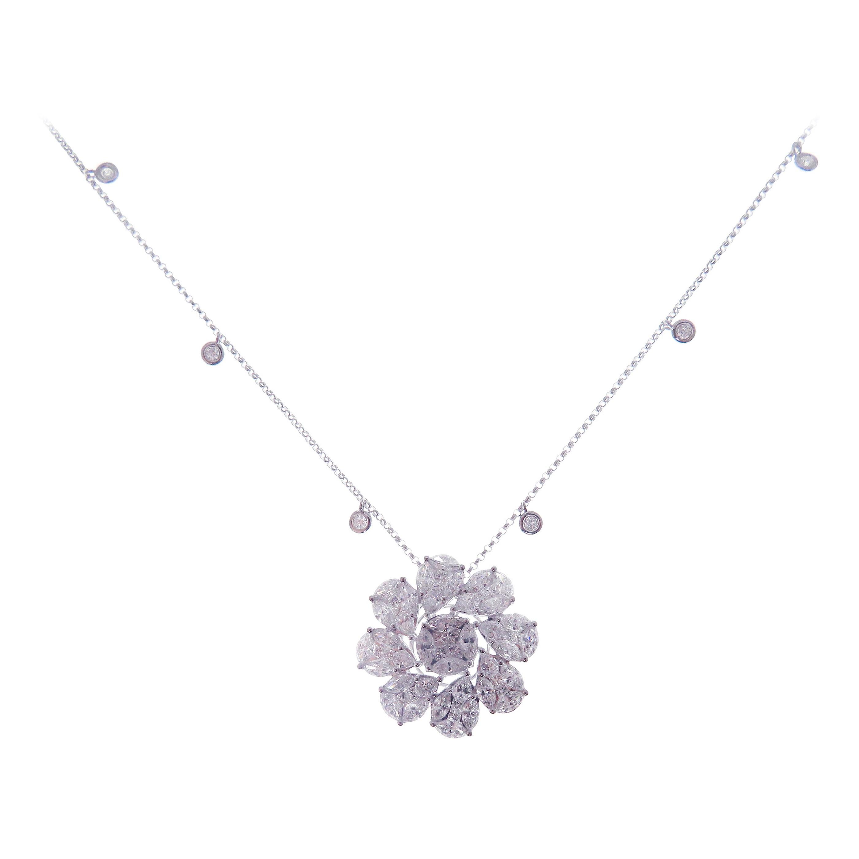 18 Karat White Gold Diamond Medium Flower Marquise Princess Necklace