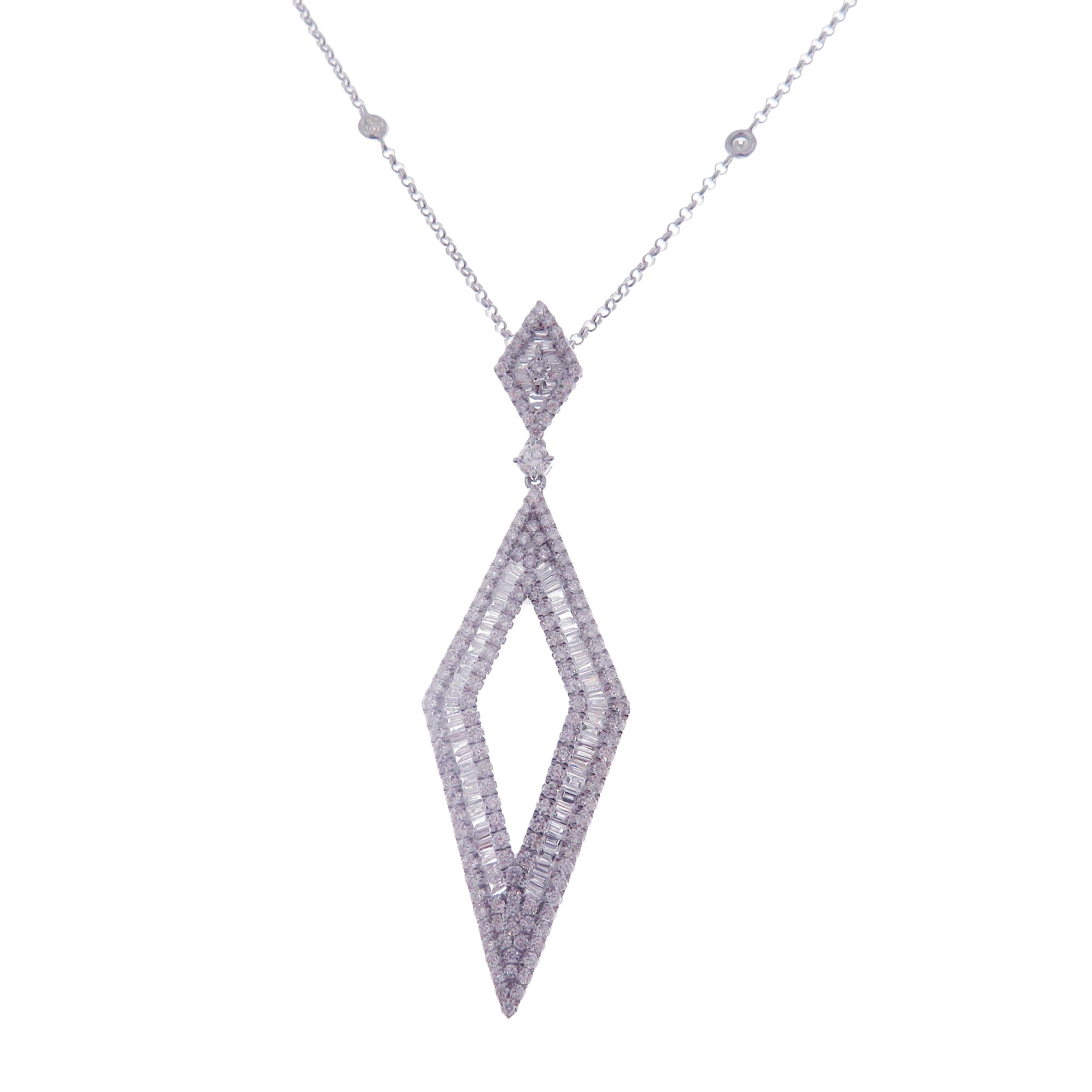 This diamond baguette necklace is crafted in 18-karat white gold, weighing approximately 2.80 total carats of SI-H Quality white diamonds.

Necklace is 16