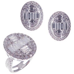 18 Karat White Gold Diamond Medium Oval Flat Baguette Earring Ring Set