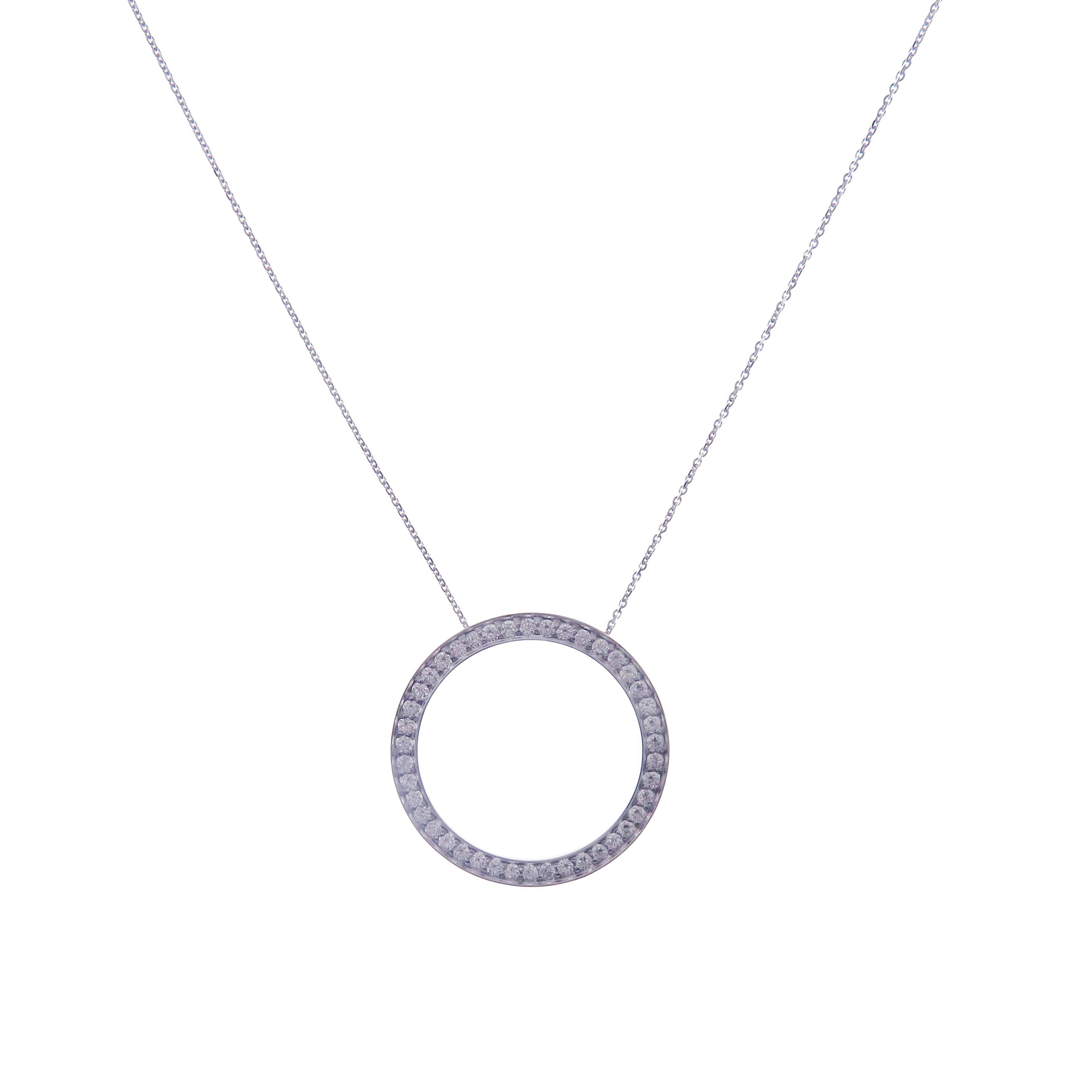 This medium circle necklace is crafted in 18-karat white gold, weighing approximately 0.89 total carats of SI-V Quality white diamond. 

Necklace is 16