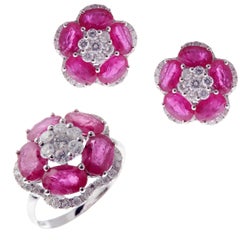 18 Karat White Gold Diamond Medium Ruby Flower Earring Ring Set