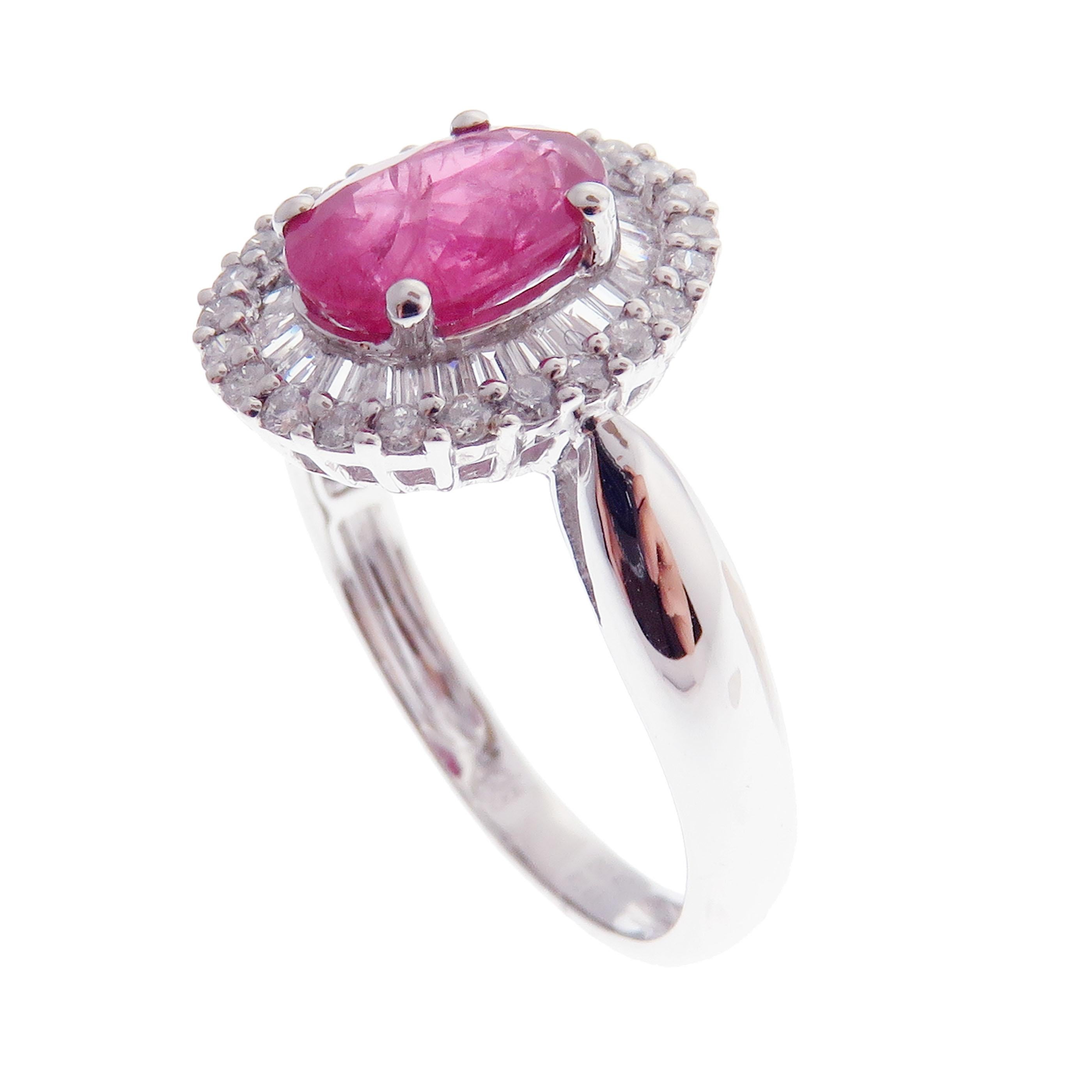 Women's or Men's 18 Karat White Gold Diamond Medium Ruby Oval Earring Ring Set