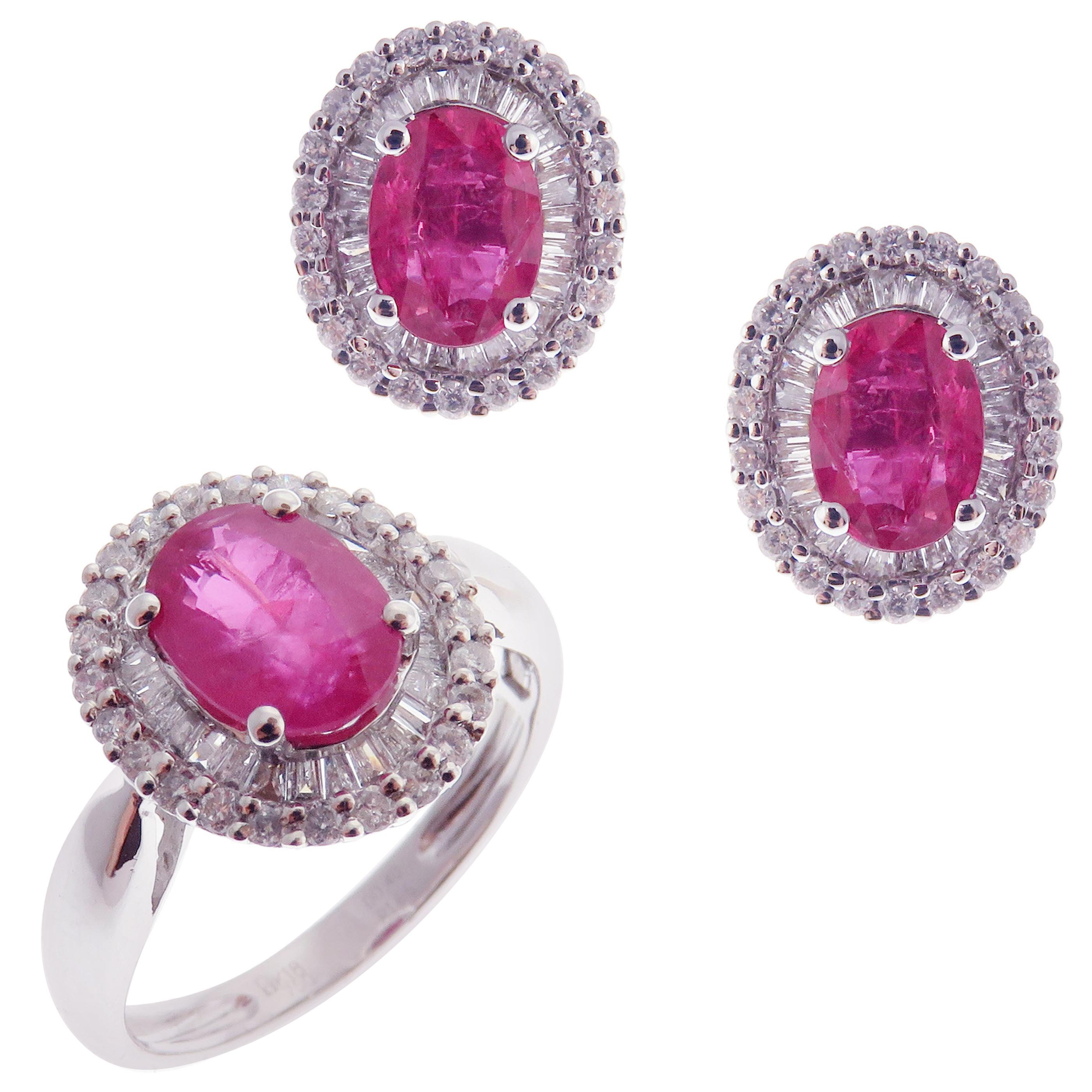 18 Karat White Gold Diamond Medium Ruby Oval Earring Ring Set