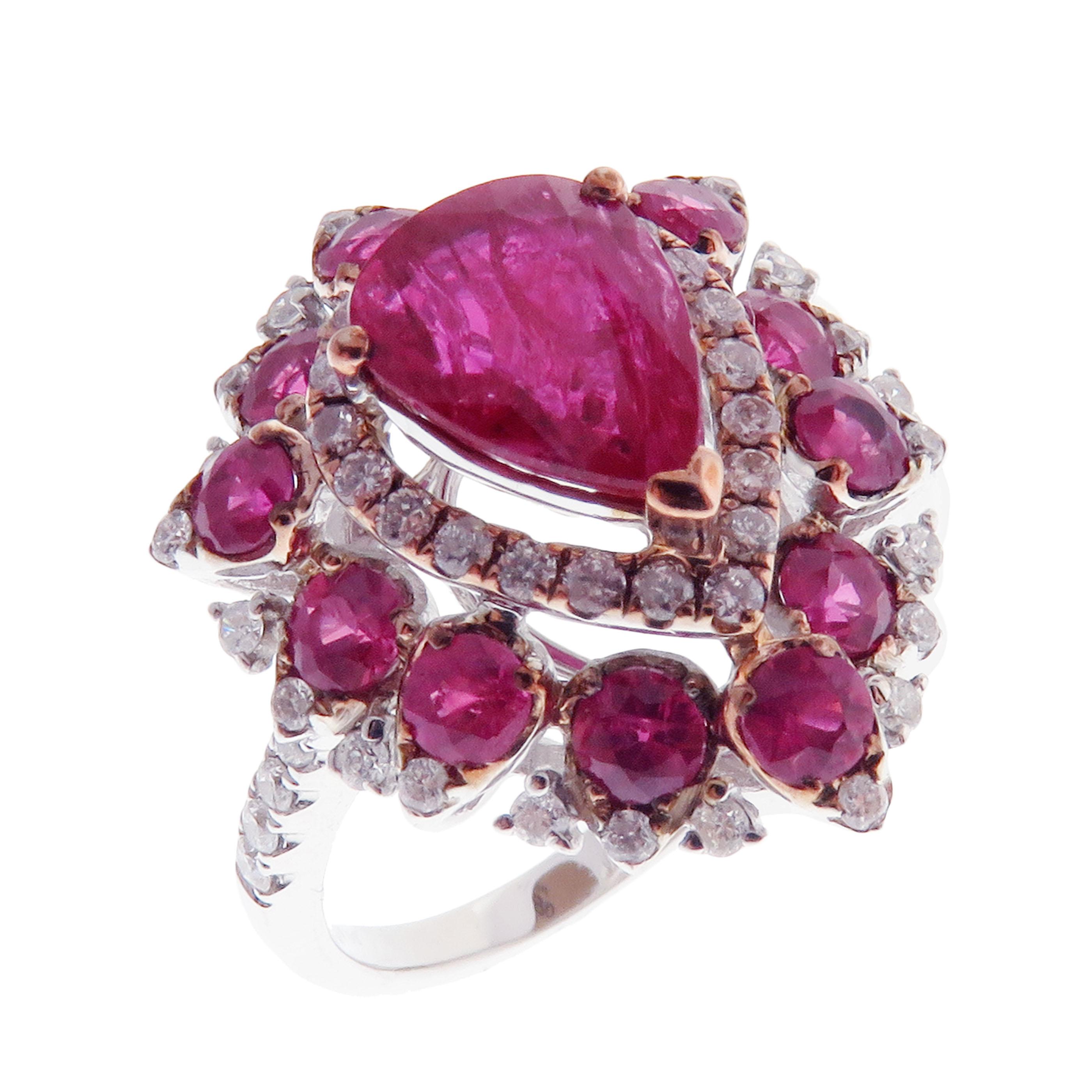 18 Karat White Gold Diamond Medium Ruby Pear Cluster Earring Ring Set In New Condition In Los Angeles, CA