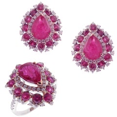 18 Karat White Gold Diamond Medium Ruby Pear Cluster Earring Ring Set