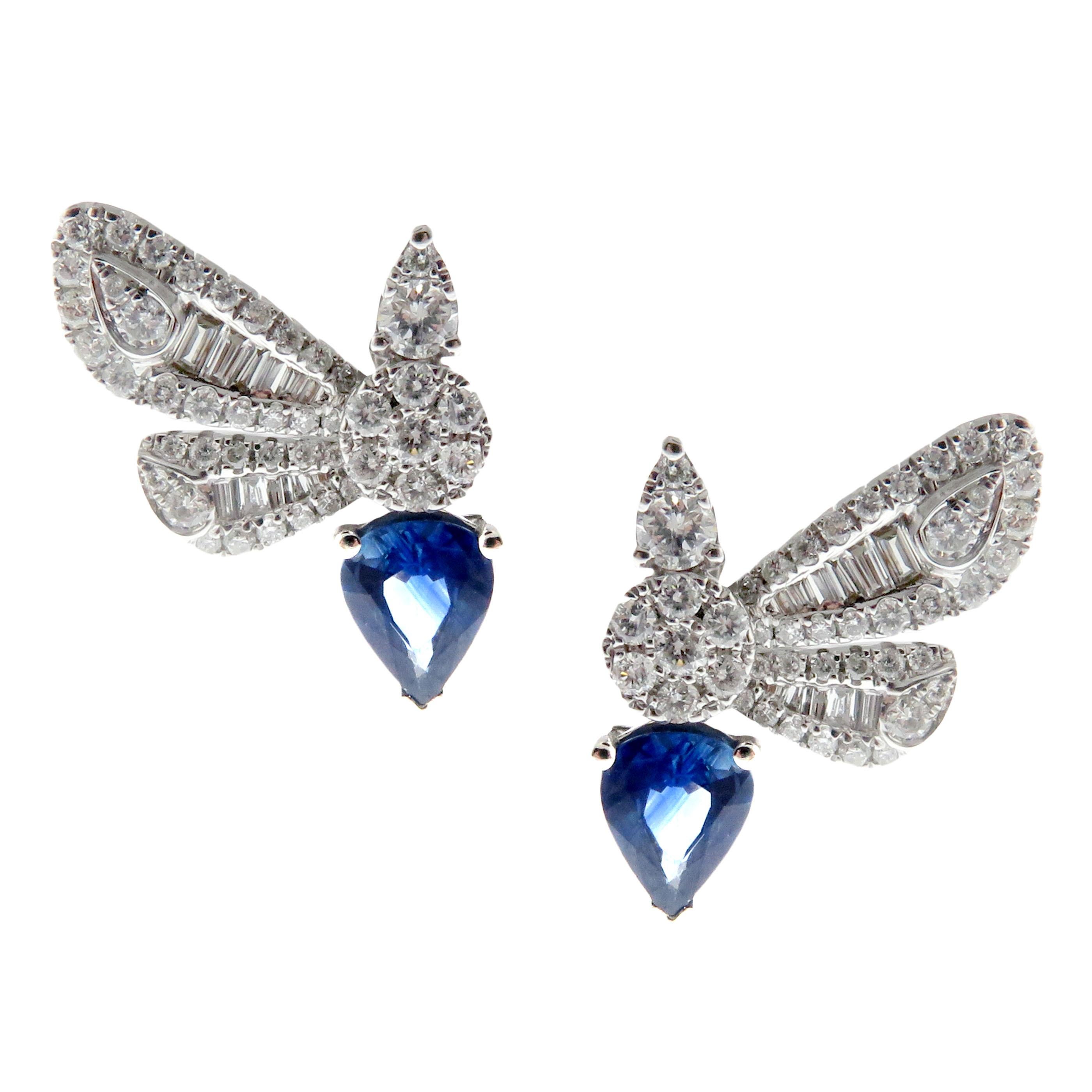 Round Cut 18 Karat White Gold Diamond Medium Sapphire Butterfly Earring Ring Set For Sale