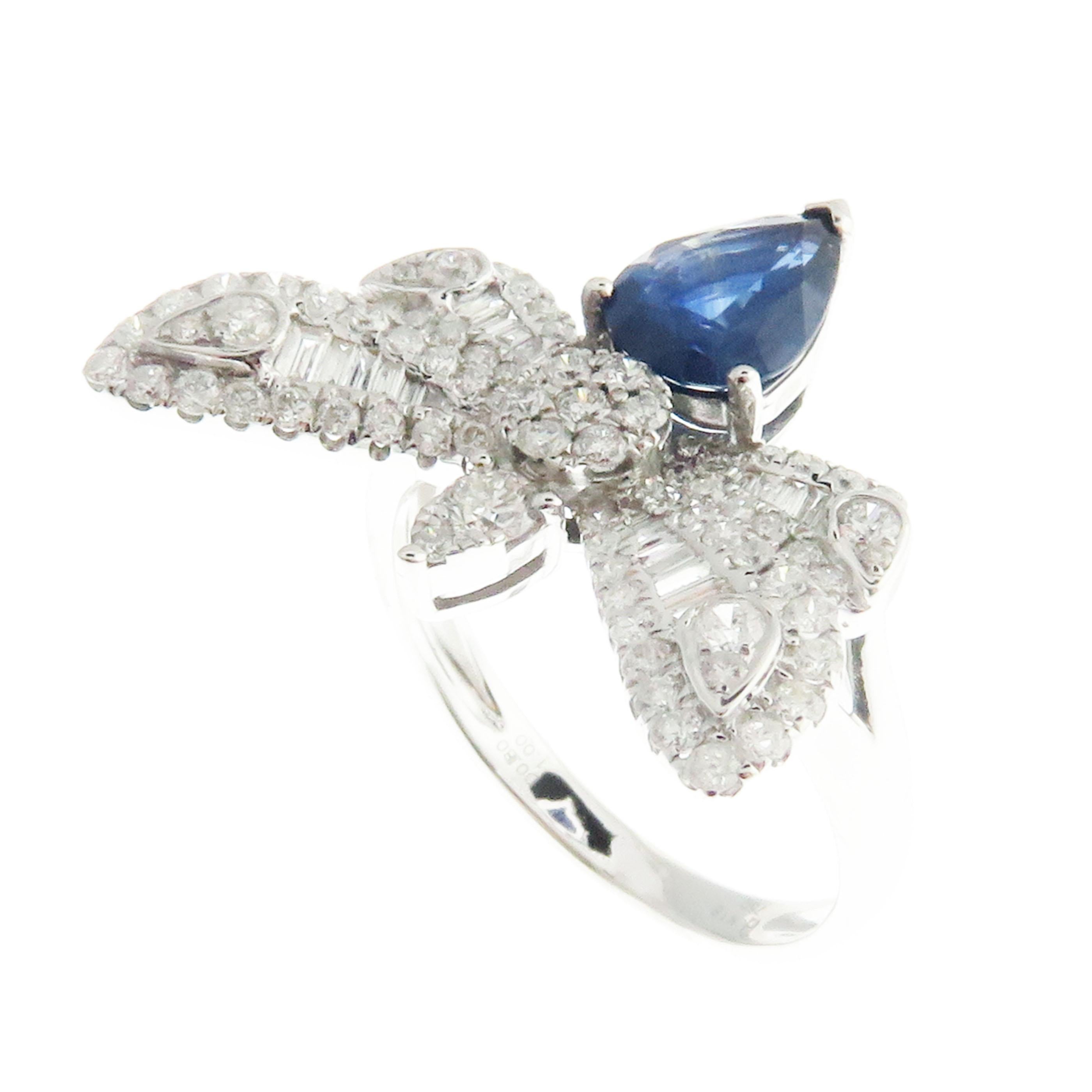 Women's or Men's 18 Karat White Gold Diamond Medium Sapphire Butterfly Earring Ring Set For Sale