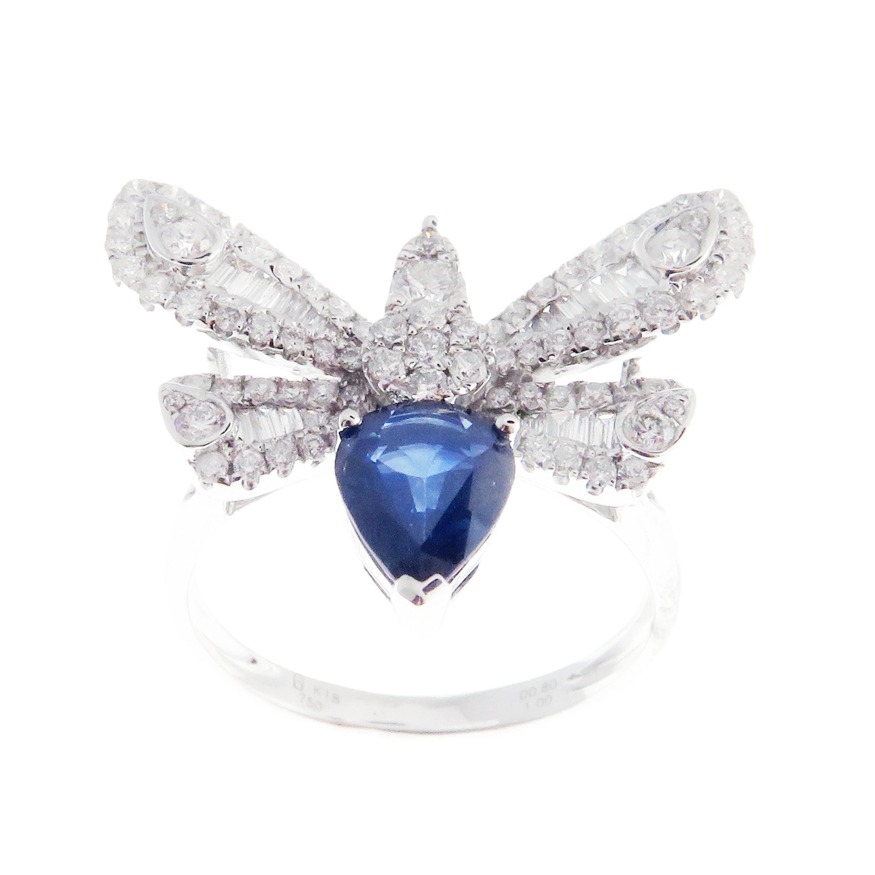 18 Karat White Gold Diamond Medium Sapphire Butterfly Earring Ring Set For Sale 1