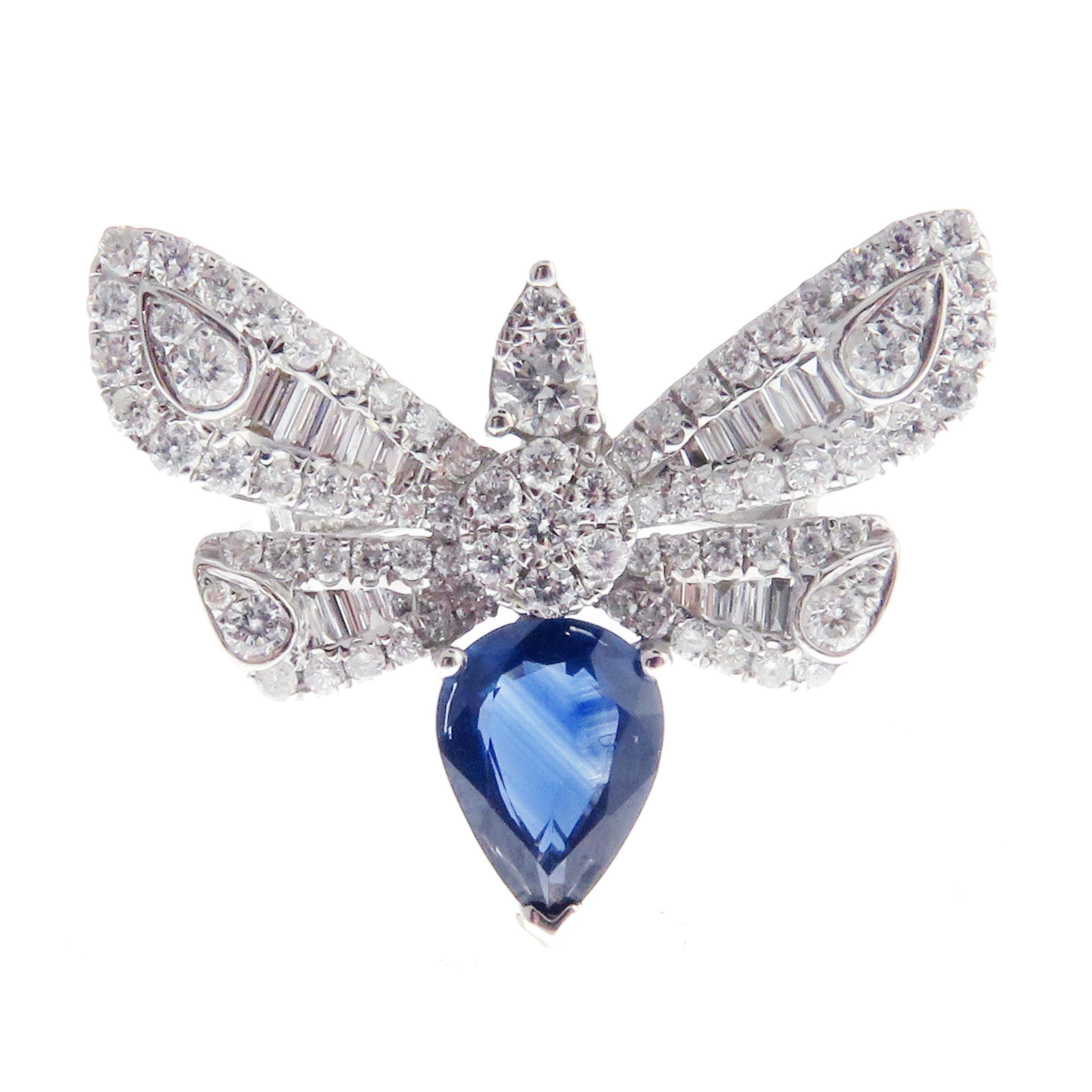 18 Karat White Gold Diamond Medium Sapphire Butterfly Earring Ring Set For Sale 2