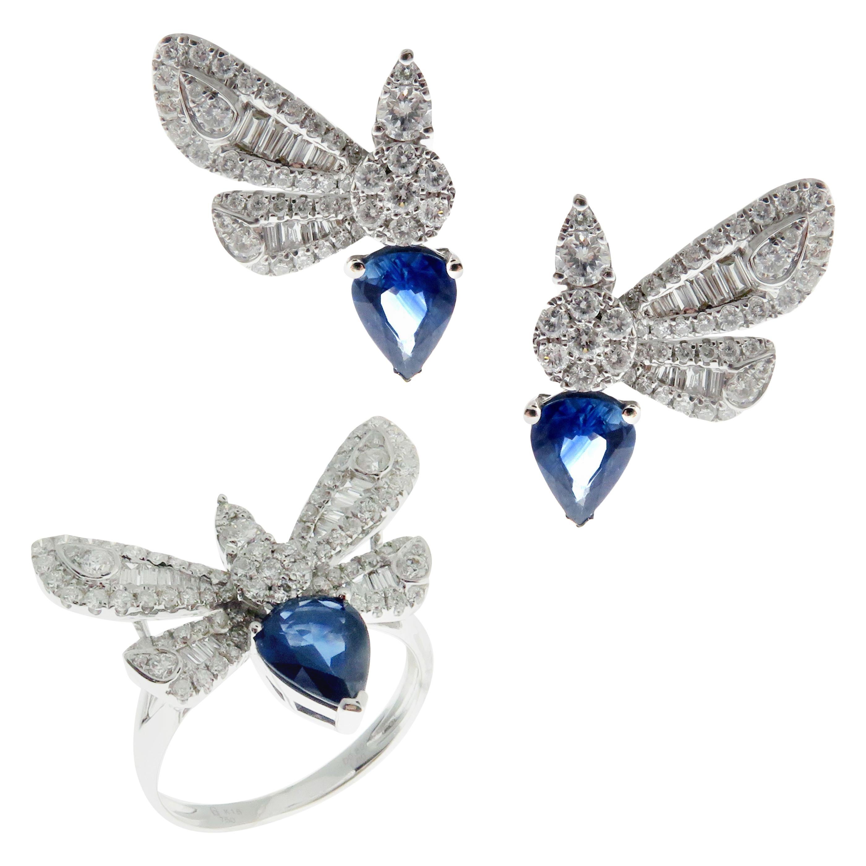 18 Karat White Gold Diamond Medium Sapphire Butterfly Earring Ring Set For Sale