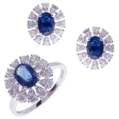 18 Karat White Gold Diamond Medium Sapphire Oval Flower Earring Ring Set
