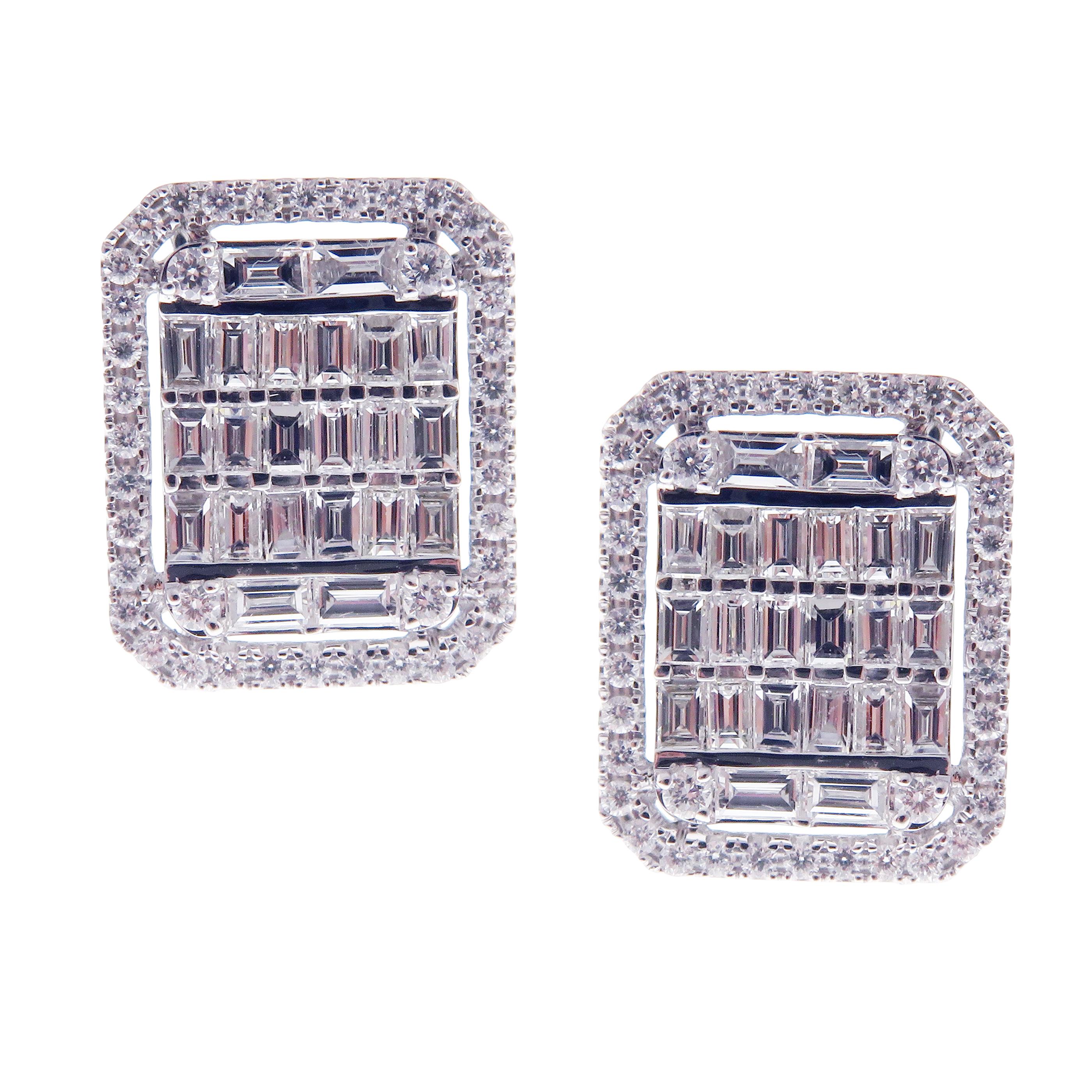Baguette Cut 18 Karat White Gold Diamond Medium Solid Flat Baguette Earring Ring Set