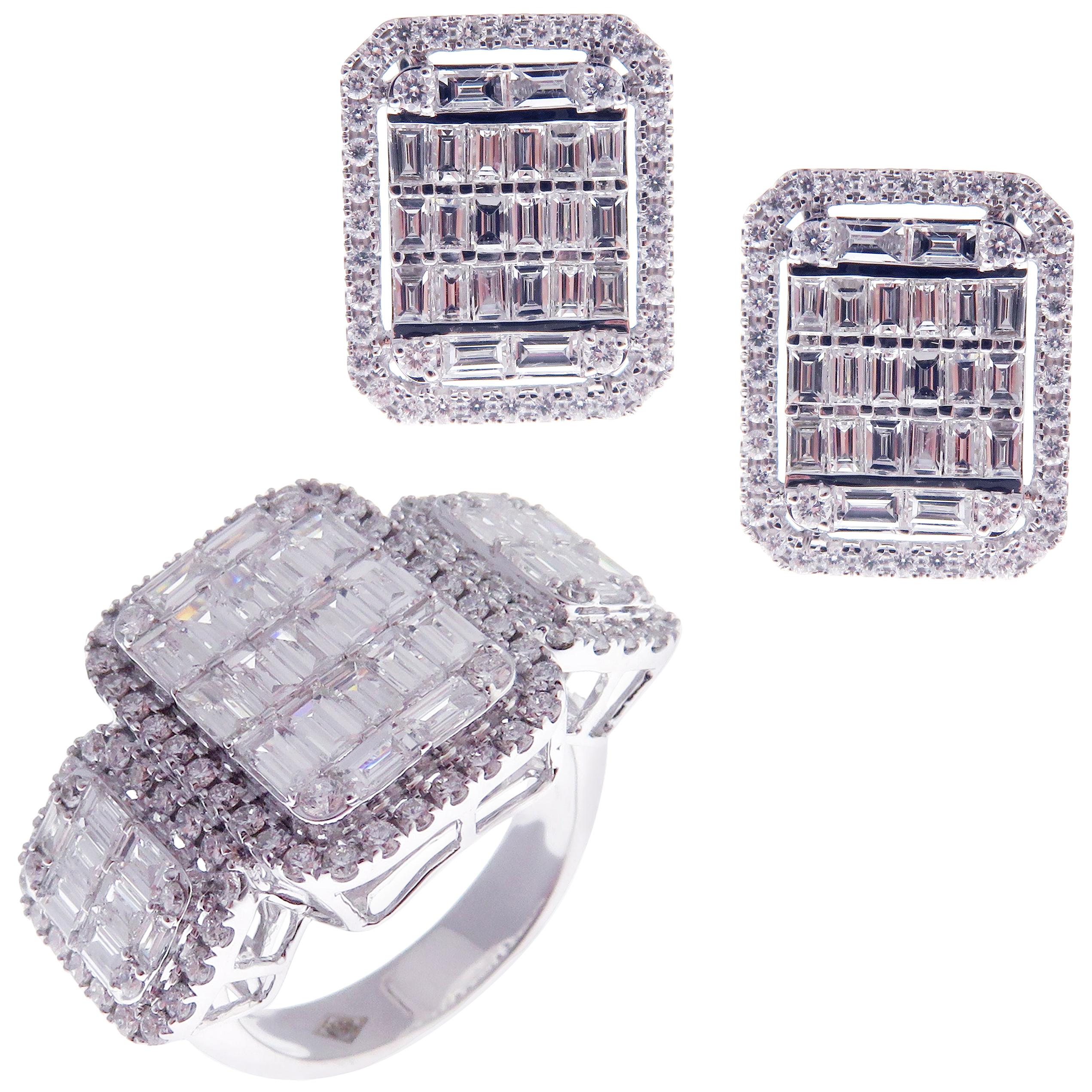 18 Karat White Gold Diamond Medium Solid Flat Baguette Earring Ring Set